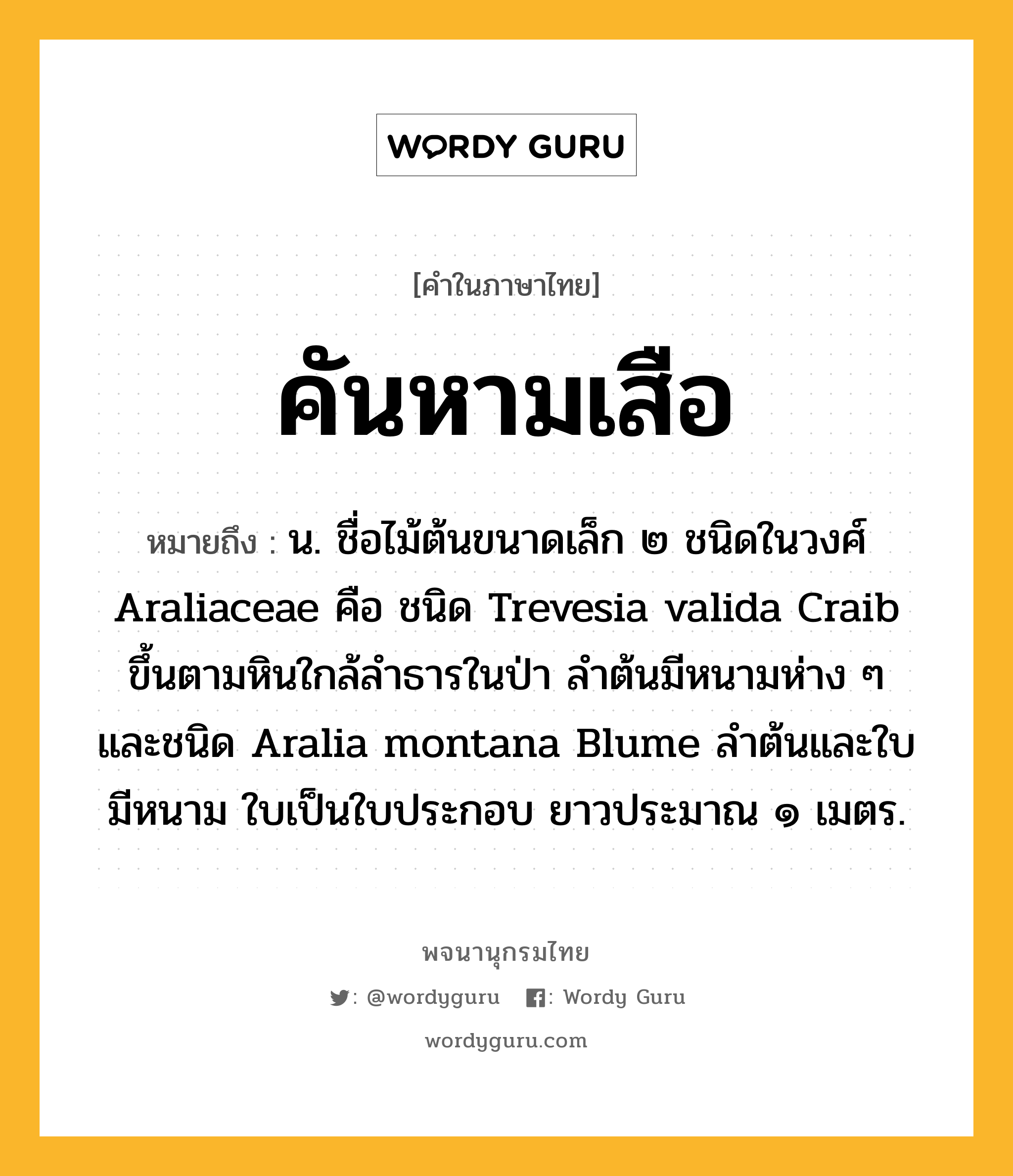 คันหามเสือ ความหมาย หมายถึงอะไร?, คำในภาษาไทย คันหามเสือ หมายถึง น. ชื่อไม้ต้นขนาดเล็ก ๒ ชนิดในวงศ์ Araliaceae คือ ชนิด Trevesia valida Craib ขึ้นตามหินใกล้ลําธารในป่า ลําต้นมีหนามห่าง ๆ และชนิด Aralia montana Blume ลําต้นและใบมีหนาม ใบเป็นใบประกอบ ยาวประมาณ ๑ เมตร.