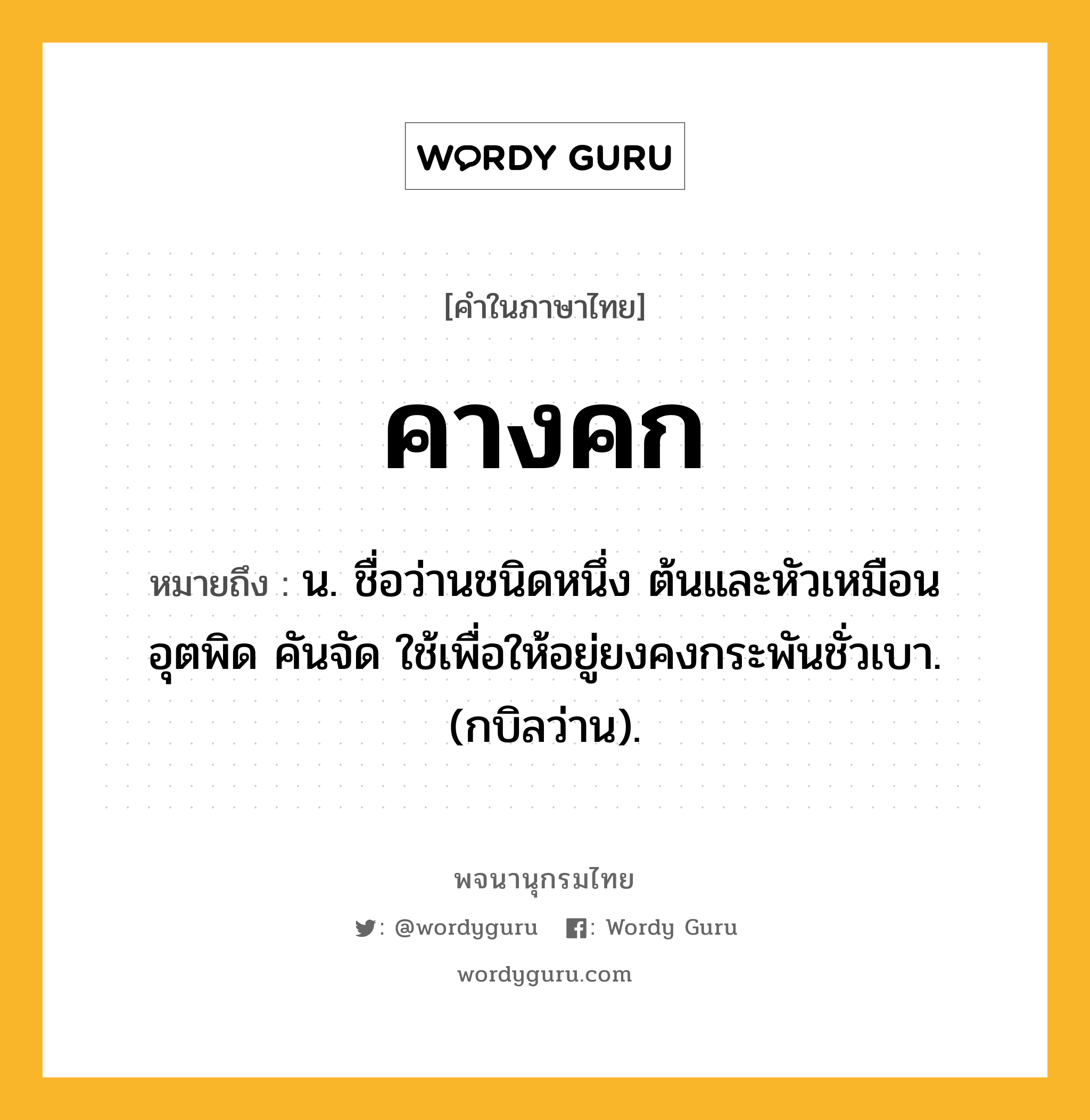 คางคก ความหมาย หมายถึงอะไร?, คำในภาษาไทย คางคก หมายถึง น. ชื่อว่านชนิดหนึ่ง ต้นและหัวเหมือนอุตพิด คันจัด ใช้เพื่อให้อยู่ยงคงกระพันชั่วเบา. (กบิลว่าน).