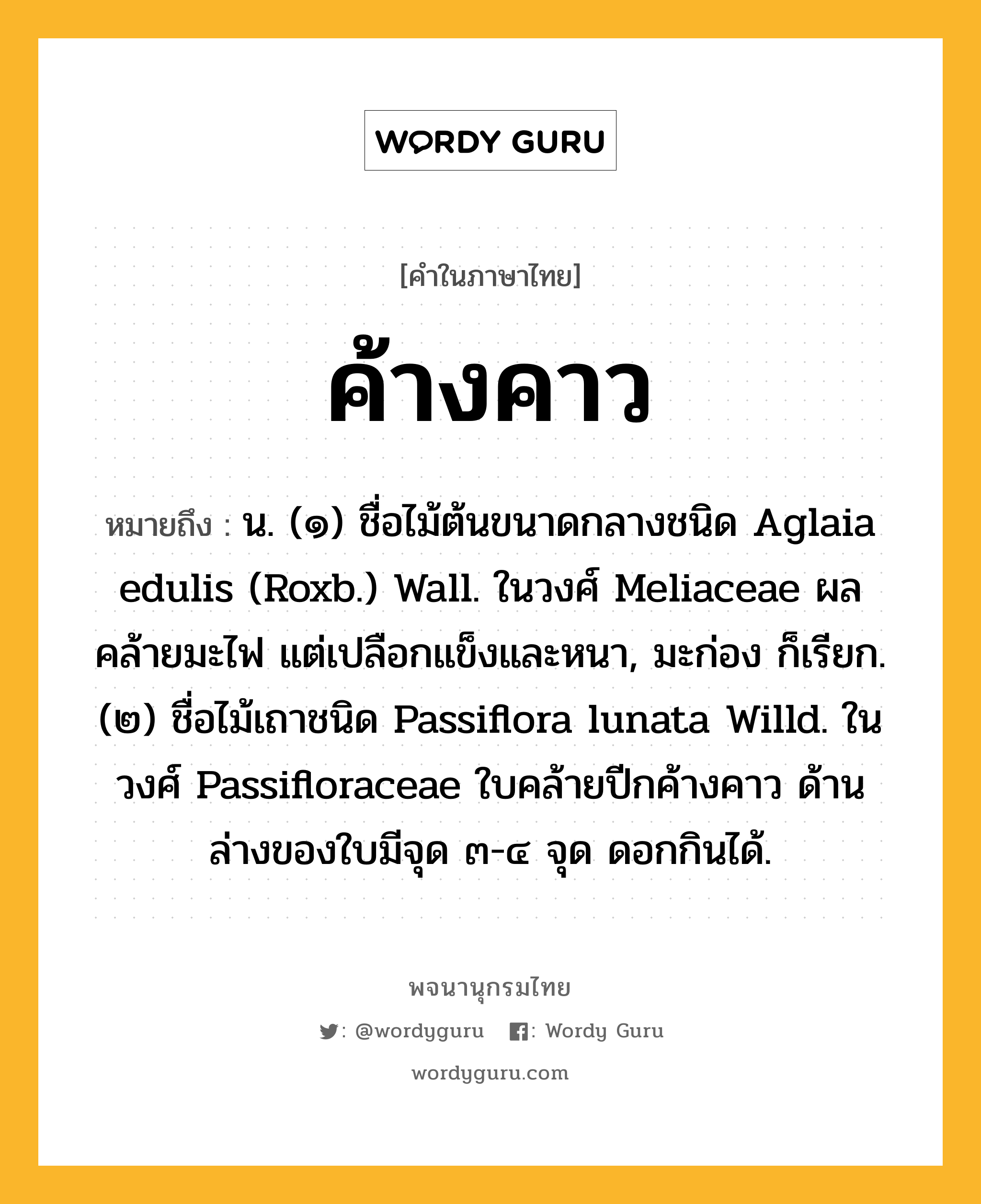 ค้างคาว ความหมาย หมายถึงอะไร?, คำในภาษาไทย ค้างคาว หมายถึง น. (๑) ชื่อไม้ต้นขนาดกลางชนิด Aglaia edulis (Roxb.) Wall. ในวงศ์ Meliaceae ผลคล้ายมะไฟ แต่เปลือกแข็งและหนา, มะก่อง ก็เรียก. (๒) ชื่อไม้เถาชนิด Passiflora lunata Willd. ในวงศ์ Passifloraceae ใบคล้ายปีกค้างคาว ด้านล่างของใบมีจุด ๓-๔ จุด ดอกกินได้.