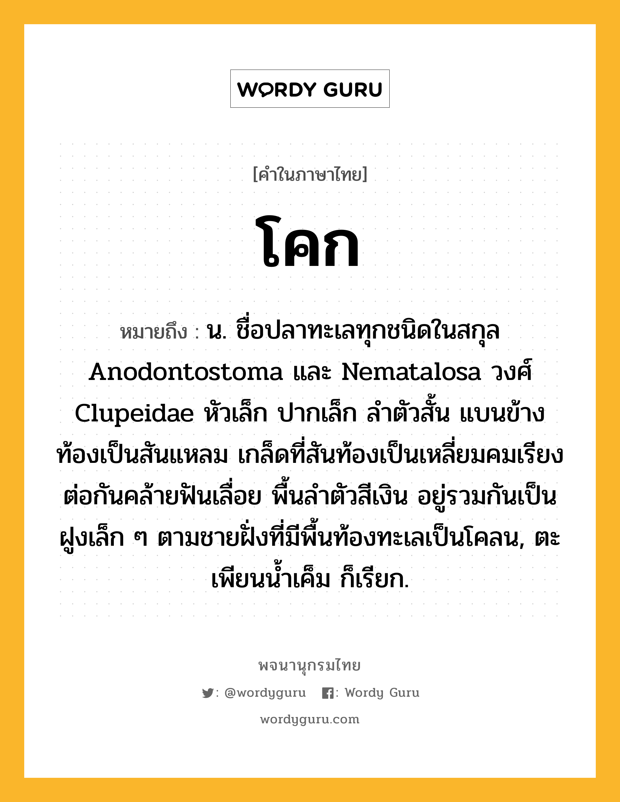 โคก ความหมาย หมายถึงอะไร?, คำในภาษาไทย โคก หมายถึง น. ชื่อปลาทะเลทุกชนิดในสกุล Anodontostoma และ Nematalosa วงศ์ Clupeidae หัวเล็ก ปากเล็ก ลําตัวสั้น แบนข้าง ท้องเป็นสันแหลม เกล็ดที่สันท้องเป็นเหลี่ยมคมเรียงต่อกันคล้ายฟันเลื่อย พื้นลําตัวสีเงิน อยู่รวมกันเป็นฝูงเล็ก ๆ ตามชายฝั่งที่มีพื้นท้องทะเลเป็นโคลน, ตะเพียนนํ้าเค็ม ก็เรียก.