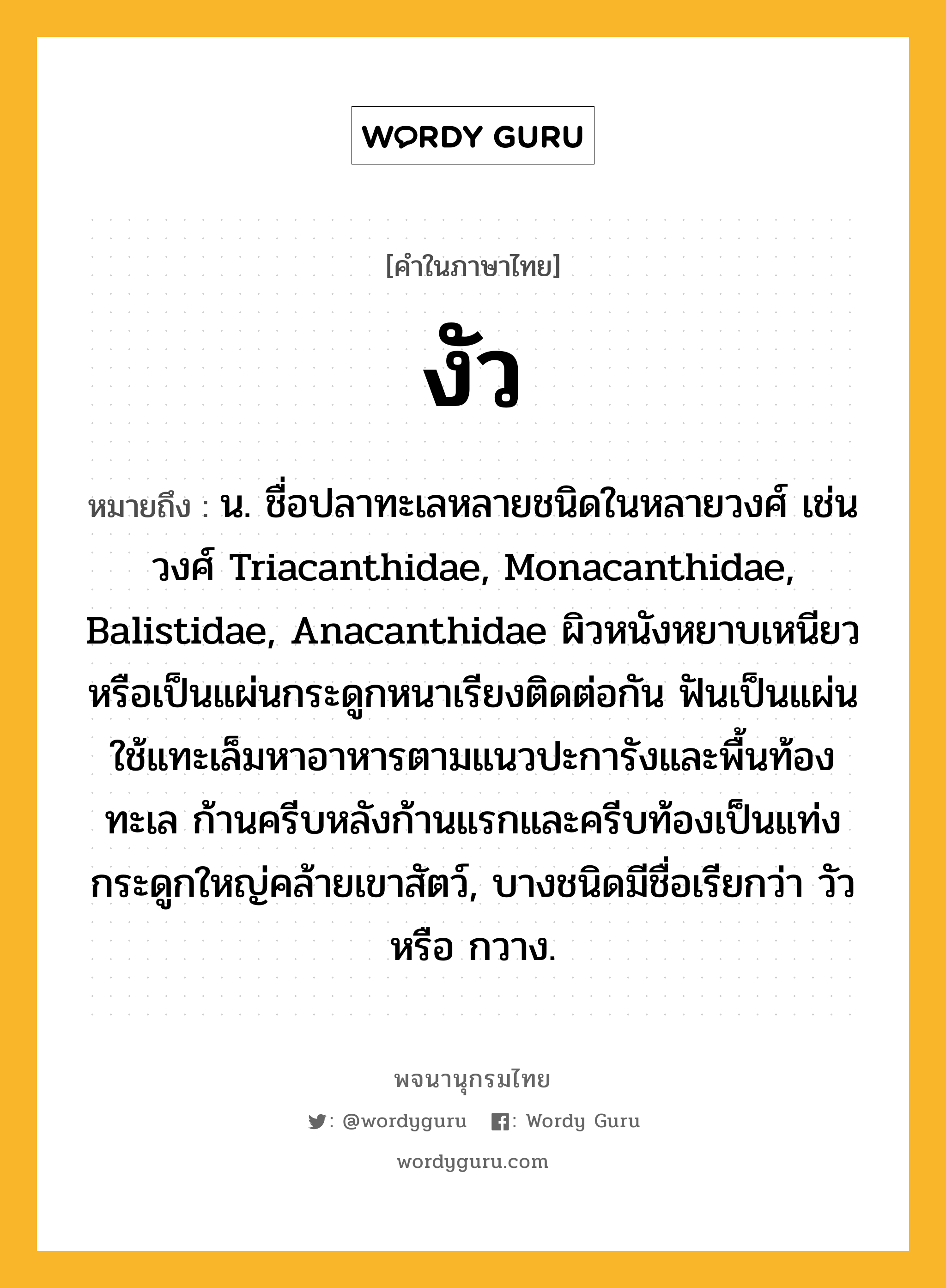 งัว ความหมาย หมายถึงอะไร?, คำในภาษาไทย งัว หมายถึง น. ชื่อปลาทะเลหลายชนิดในหลายวงศ์ เช่น วงศ์ Triacanthidae, Monacanthidae, Balistidae, Anacanthidae ผิวหนังหยาบเหนียวหรือเป็นแผ่นกระดูกหนาเรียงติดต่อกัน ฟันเป็นแผ่น ใช้แทะเล็มหาอาหารตามแนวปะการังและพื้นท้องทะเล ก้านครีบหลังก้านแรกและครีบท้องเป็นแท่งกระดูกใหญ่คล้ายเขาสัตว์, บางชนิดมีชื่อเรียกว่า วัว หรือ กวาง.