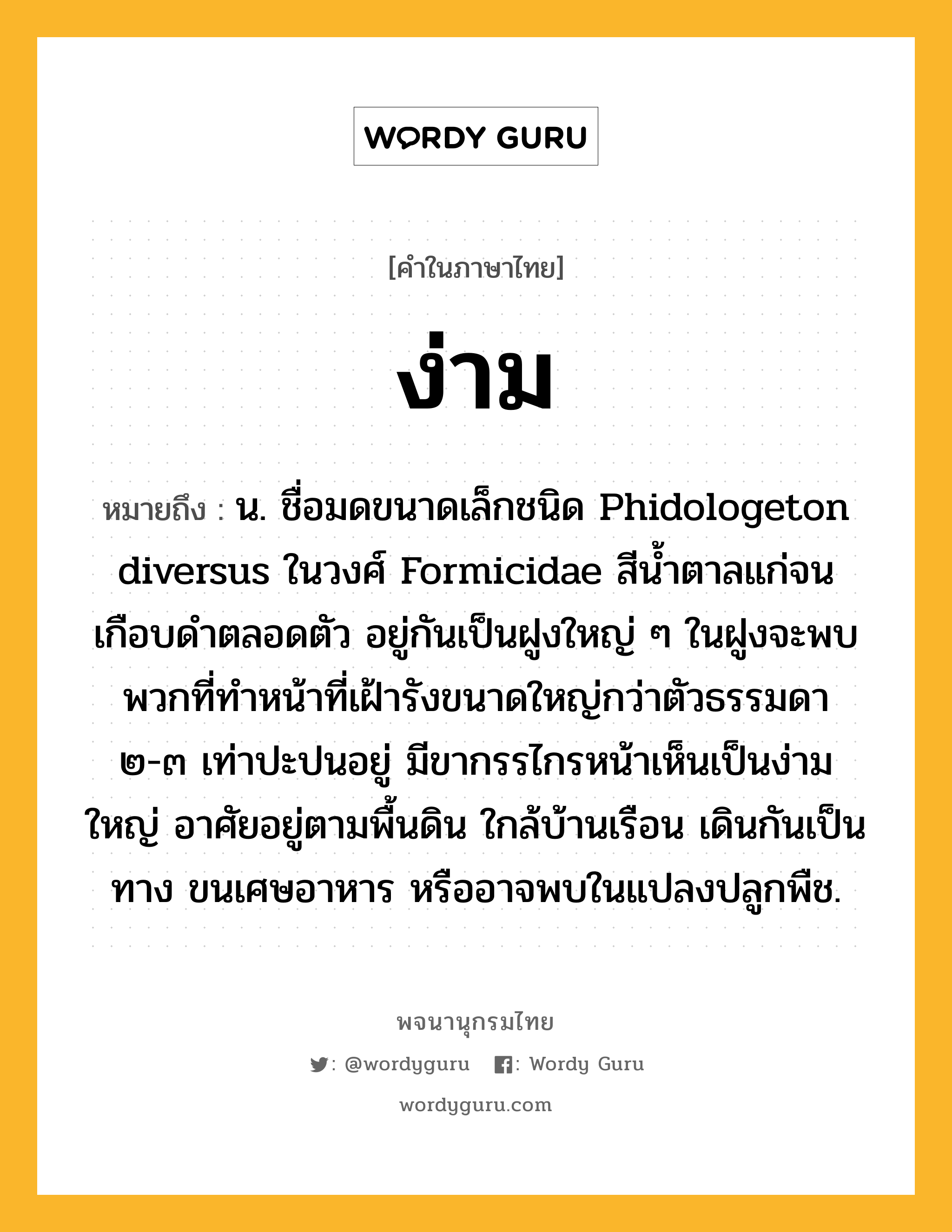 ง่าม ความหมาย หมายถึงอะไร?, คำในภาษาไทย ง่าม หมายถึง น. ชื่อมดขนาดเล็กชนิด Phidologeton diversus ในวงศ์ Formicidae สีนํ้าตาลแก่จนเกือบดําตลอดตัว อยู่กันเป็นฝูงใหญ่ ๆ ในฝูงจะพบพวกที่ทําหน้าที่เฝ้ารังขนาดใหญ่กว่าตัวธรรมดา ๒-๓ เท่าปะปนอยู่ มีขากรรไกรหน้าเห็นเป็นง่ามใหญ่ อาศัยอยู่ตามพื้นดิน ใกล้บ้านเรือน เดินกันเป็นทาง ขนเศษอาหาร หรืออาจพบในแปลงปลูกพืช.