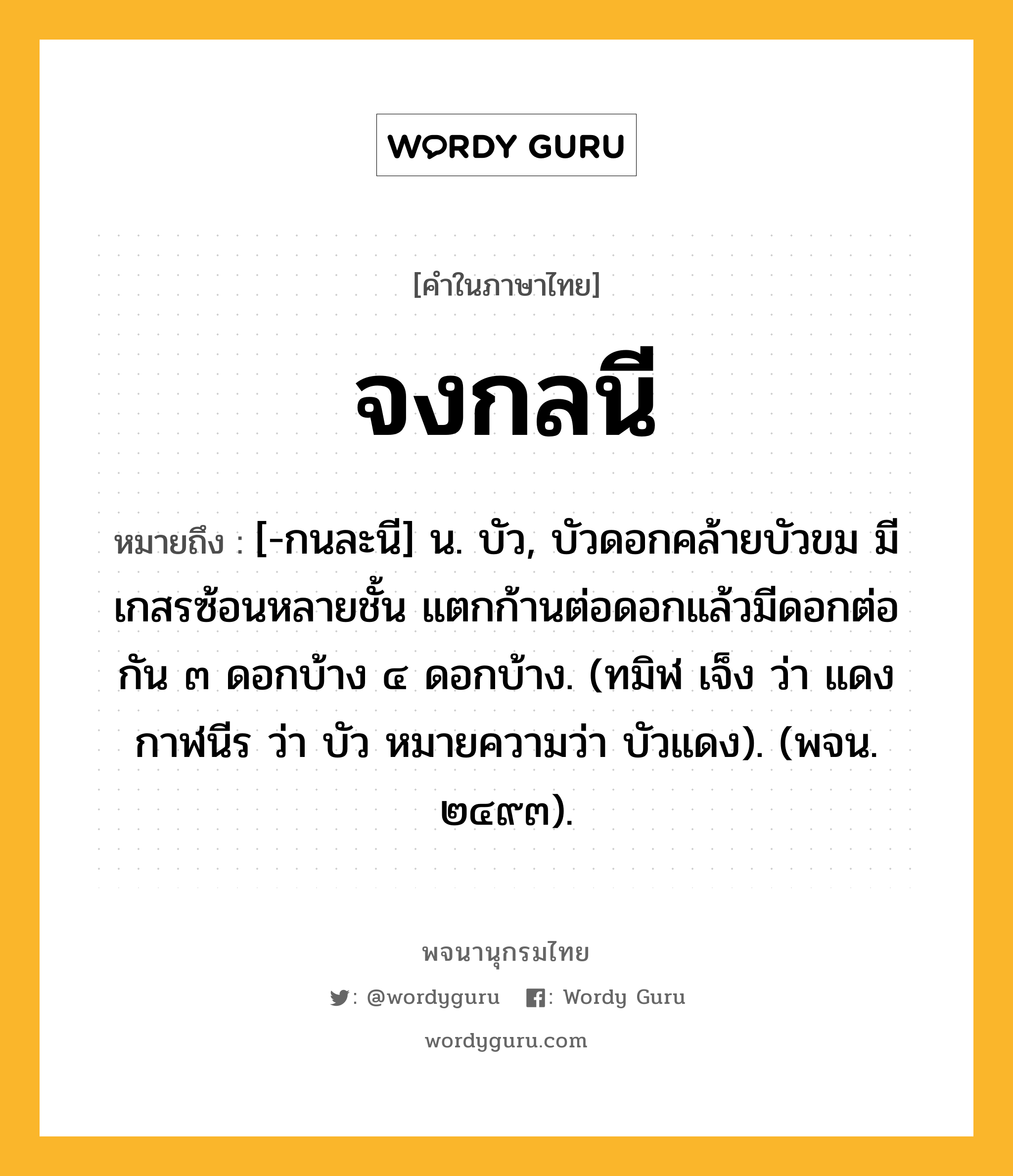 จงกลนี ความหมาย หมายถึงอะไร?, คำในภาษาไทย จงกลนี หมายถึง [-กนละนี] น. บัว, บัวดอกคล้ายบัวขม มีเกสรซ้อนหลายชั้น แตกก้านต่อดอกแล้วมีดอกต่อกัน ๓ ดอกบ้าง ๔ ดอกบ้าง. (ทมิฬ เจ็ง ว่า แดง กาฬนีร ว่า บัว หมายความว่า บัวแดง). (พจน. ๒๔๙๓).