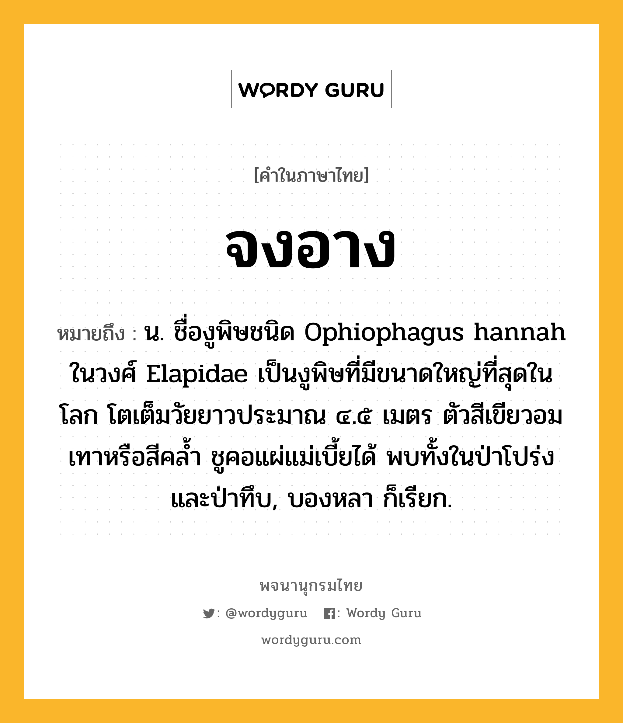 จงอาง ความหมาย หมายถึงอะไร?, คำในภาษาไทย จงอาง หมายถึง น. ชื่องูพิษชนิด Ophiophagus hannah ในวงศ์ Elapidae เป็นงูพิษที่มีขนาดใหญ่ที่สุดในโลก โตเต็มวัยยาวประมาณ ๔.๕ เมตร ตัวสีเขียวอมเทาหรือสีคลํ้า ชูคอแผ่แม่เบี้ยได้ พบทั้งในป่าโปร่งและป่าทึบ, บองหลา ก็เรียก.