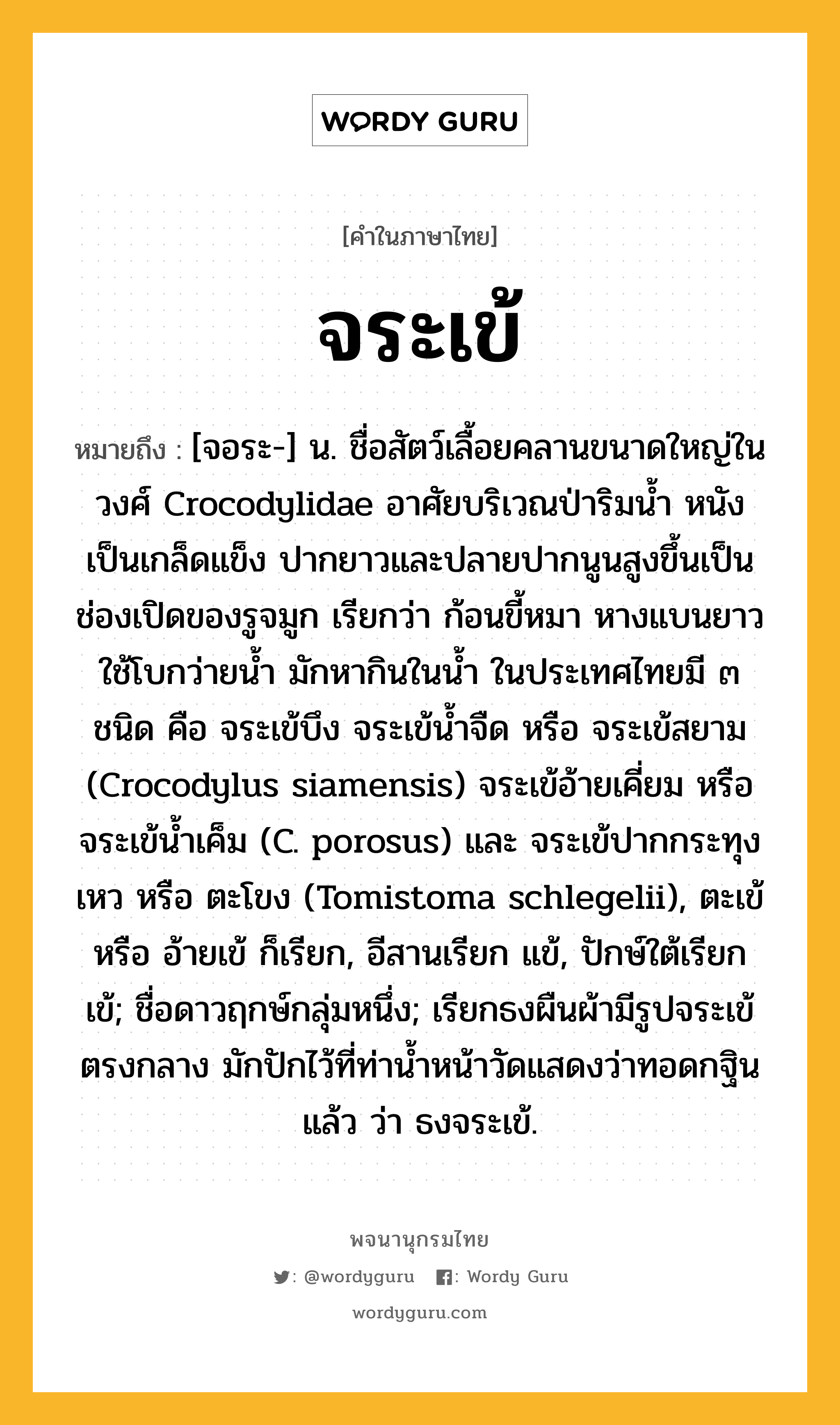 จระเข้ ความหมาย หมายถึงอะไร?, คำในภาษาไทย จระเข้ หมายถึง [จอระ-] น. ชื่อสัตว์เลื้อยคลานขนาดใหญ่ในวงศ์ Crocodylidae อาศัยบริเวณป่าริมนํ้า หนังเป็นเกล็ดแข็ง ปากยาวและปลายปากนูนสูงขึ้นเป็นช่องเปิดของรูจมูก เรียกว่า ก้อนขี้หมา หางแบนยาวใช้โบกว่ายนํ้า มักหากินในนํ้า ในประเทศไทยมี ๓ ชนิด คือ จระเข้บึง จระเข้นํ้าจืด หรือ จระเข้สยาม (Crocodylus siamensis) จระเข้อ้ายเคี่ยม หรือ จระเข้นํ้าเค็ม (C. porosus) และ จระเข้ปากกระทุงเหว หรือ ตะโขง (Tomistoma schlegelii), ตะเข้ หรือ อ้ายเข้ ก็เรียก, อีสานเรียก แข้, ปักษ์ใต้เรียก เข้; ชื่อดาวฤกษ์กลุ่มหนึ่ง; เรียกธงผืนผ้ามีรูปจระเข้ตรงกลาง มักปักไว้ที่ท่านํ้าหน้าวัดแสดงว่าทอดกฐินแล้ว ว่า ธงจระเข้.