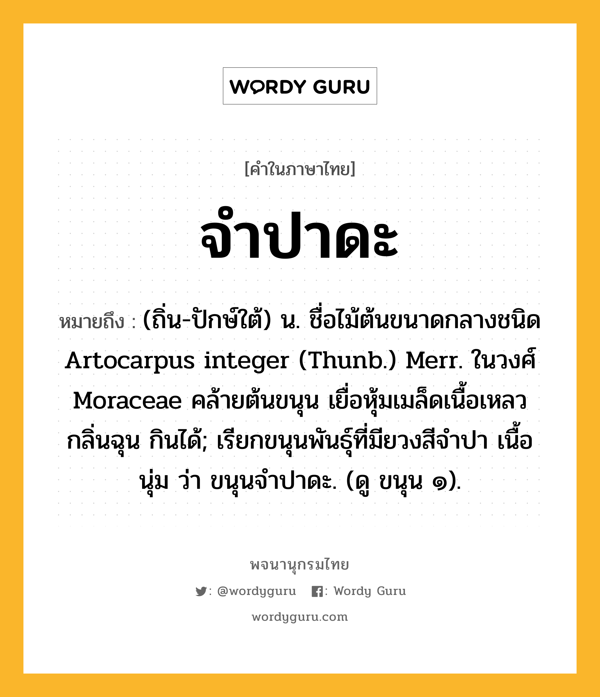 จำปาดะ ความหมาย หมายถึงอะไร?, คำในภาษาไทย จำปาดะ หมายถึง (ถิ่น-ปักษ์ใต้) น. ชื่อไม้ต้นขนาดกลางชนิด Artocarpus integer (Thunb.) Merr. ในวงศ์ Moraceae คล้ายต้นขนุน เยื่อหุ้มเมล็ดเนื้อเหลว กลิ่นฉุน กินได้; เรียกขนุนพันธุ์ที่มียวงสีจําปา เนื้อนุ่ม ว่า ขนุนจําปาดะ. (ดู ขนุน ๑).