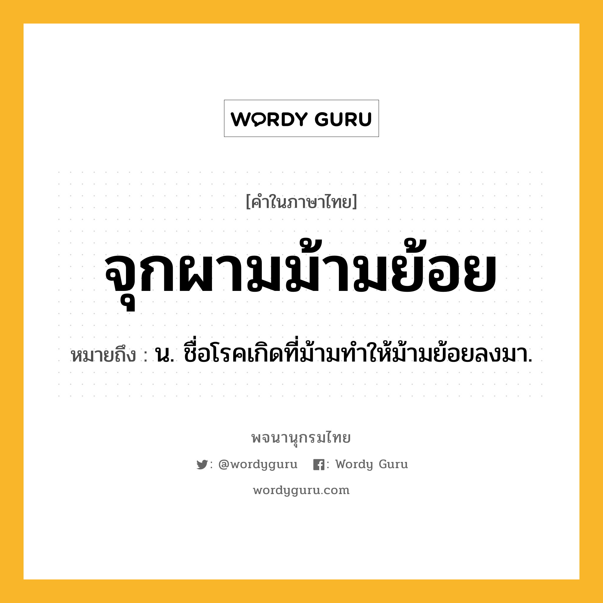 จุกผามม้ามย้อย ความหมาย หมายถึงอะไร?, คำในภาษาไทย จุกผามม้ามย้อย หมายถึง น. ชื่อโรคเกิดที่ม้ามทําให้ม้ามย้อยลงมา.