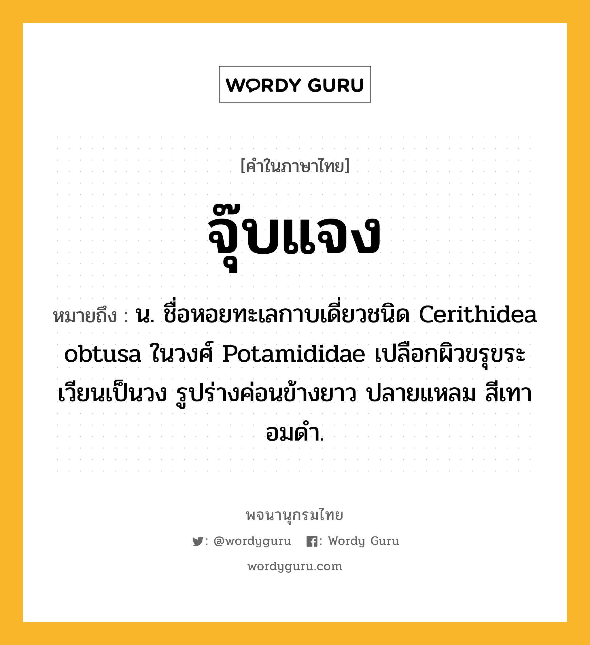 จุ๊บแจง ความหมาย หมายถึงอะไร?, คำในภาษาไทย จุ๊บแจง หมายถึง น. ชื่อหอยทะเลกาบเดี่ยวชนิด Cerithidea obtusa ในวงศ์ Potamididae เปลือกผิวขรุขระเวียนเป็นวง รูปร่างค่อนข้างยาว ปลายแหลม สีเทาอมดํา.