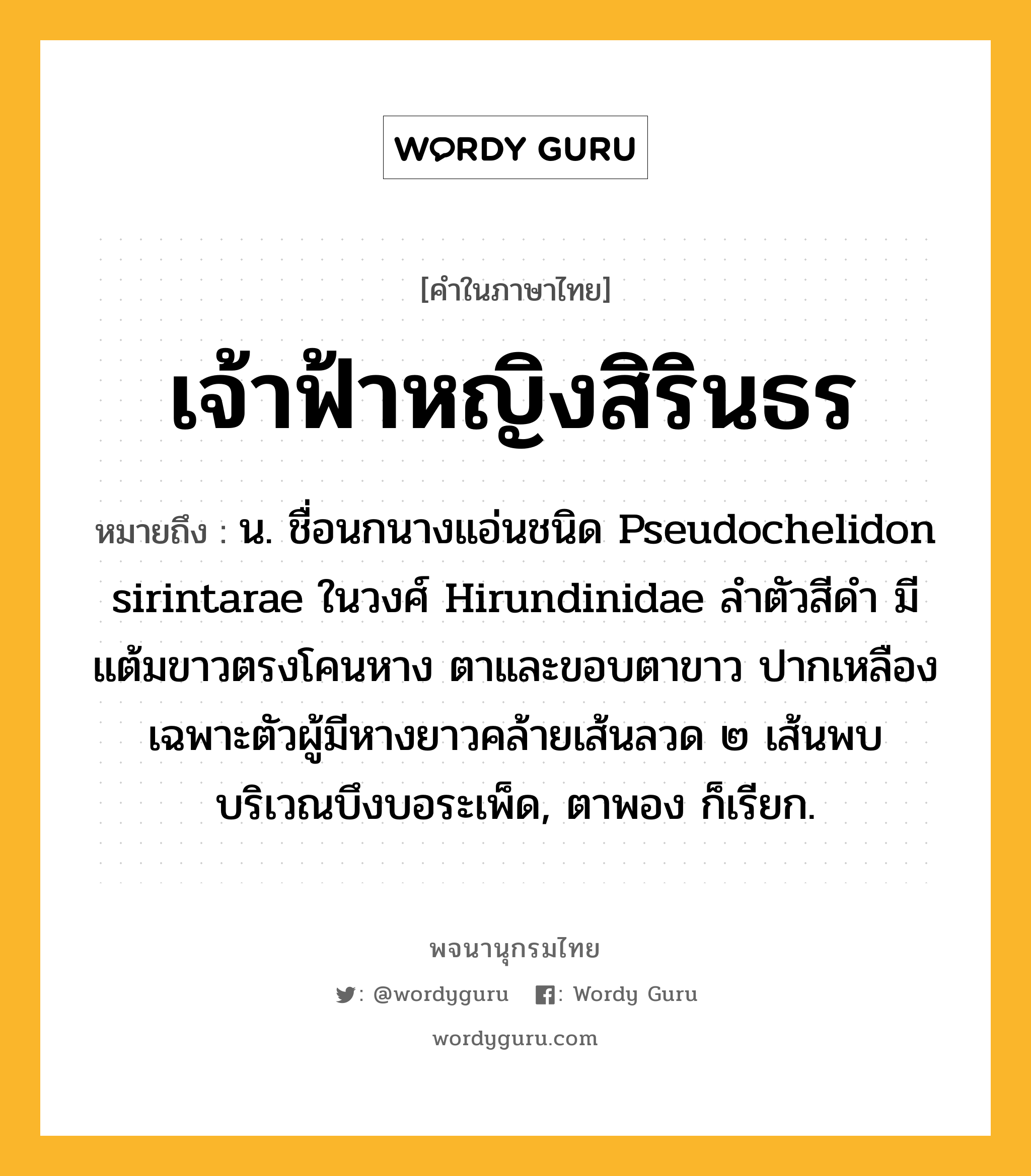 เจ้าฟ้าหญิงสิรินธร ความหมาย หมายถึงอะไร?, คำในภาษาไทย เจ้าฟ้าหญิงสิรินธร หมายถึง น. ชื่อนกนางแอ่นชนิด Pseudochelidon sirintarae ในวงศ์ Hirundinidae ลำตัวสีดำ มีแต้มขาวตรงโคนหาง ตาและขอบตาขาว ปากเหลือง เฉพาะตัวผู้มีหางยาวคล้ายเส้นลวด ๒ เส้นพบบริเวณบึงบอระเพ็ด, ตาพอง ก็เรียก.