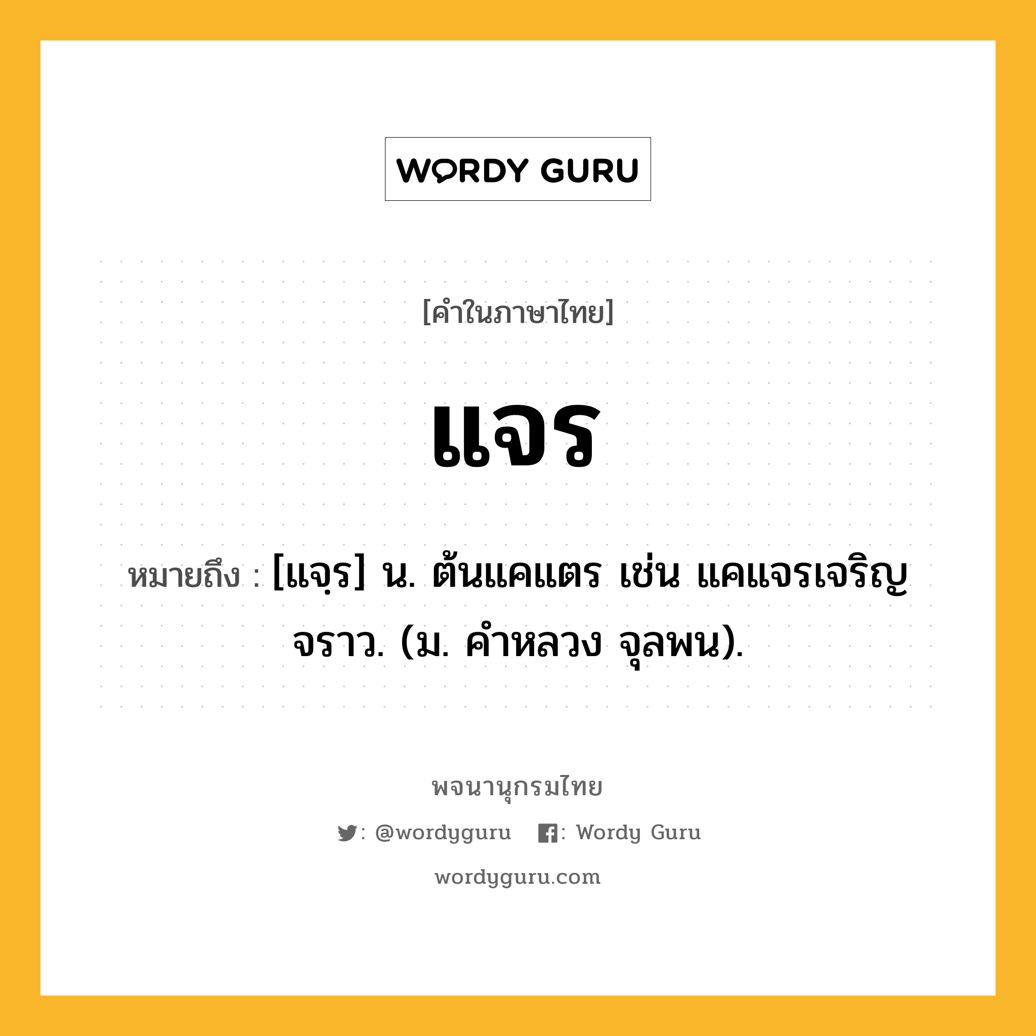 แจร ความหมาย หมายถึงอะไร?, คำในภาษาไทย แจร หมายถึง [แจฺร] น. ต้นแคแตร เช่น แคแจรเจริญจราว. (ม. คําหลวง จุลพน).