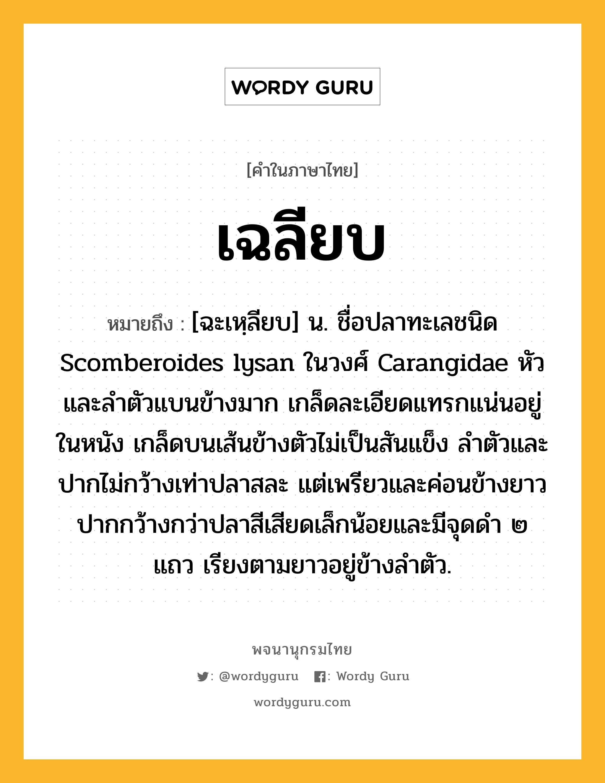 เฉลียบ ความหมาย หมายถึงอะไร?, คำในภาษาไทย เฉลียบ หมายถึง [ฉะเหฺลียบ] น. ชื่อปลาทะเลชนิด Scomberoides lysan ในวงศ์ Carangidae หัวและลําตัวแบนข้างมาก เกล็ดละเอียดแทรกแน่นอยู่ในหนัง เกล็ดบนเส้นข้างตัวไม่เป็นสันแข็ง ลําตัวและปากไม่กว้างเท่าปลาสละ แต่เพรียวและค่อนข้างยาว ปากกว้างกว่าปลาสีเสียดเล็กน้อยและมีจุดดํา ๒ แถว เรียงตามยาวอยู่ข้างลําตัว.