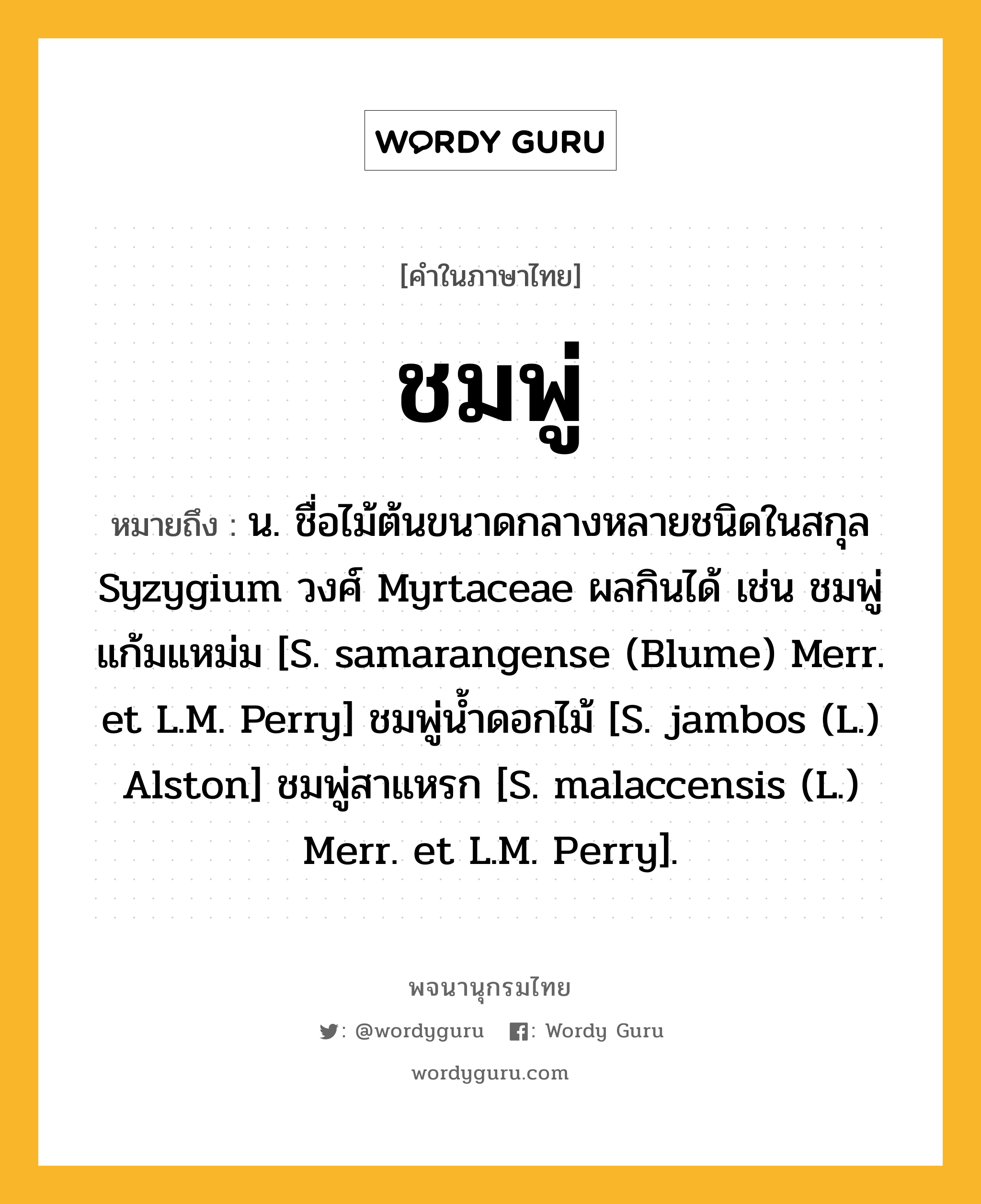 ชมพู่ ความหมาย หมายถึงอะไร?, คำในภาษาไทย ชมพู่ หมายถึง น. ชื่อไม้ต้นขนาดกลางหลายชนิดในสกุล Syzygium วงศ์ Myrtaceae ผลกินได้ เช่น ชมพู่แก้มแหม่ม [S. samarangense (Blume) Merr. et L.M. Perry] ชมพู่นํ้าดอกไม้ [S. jambos (L.) Alston] ชมพู่สาแหรก [S. malaccensis (L.) Merr. et L.M. Perry].