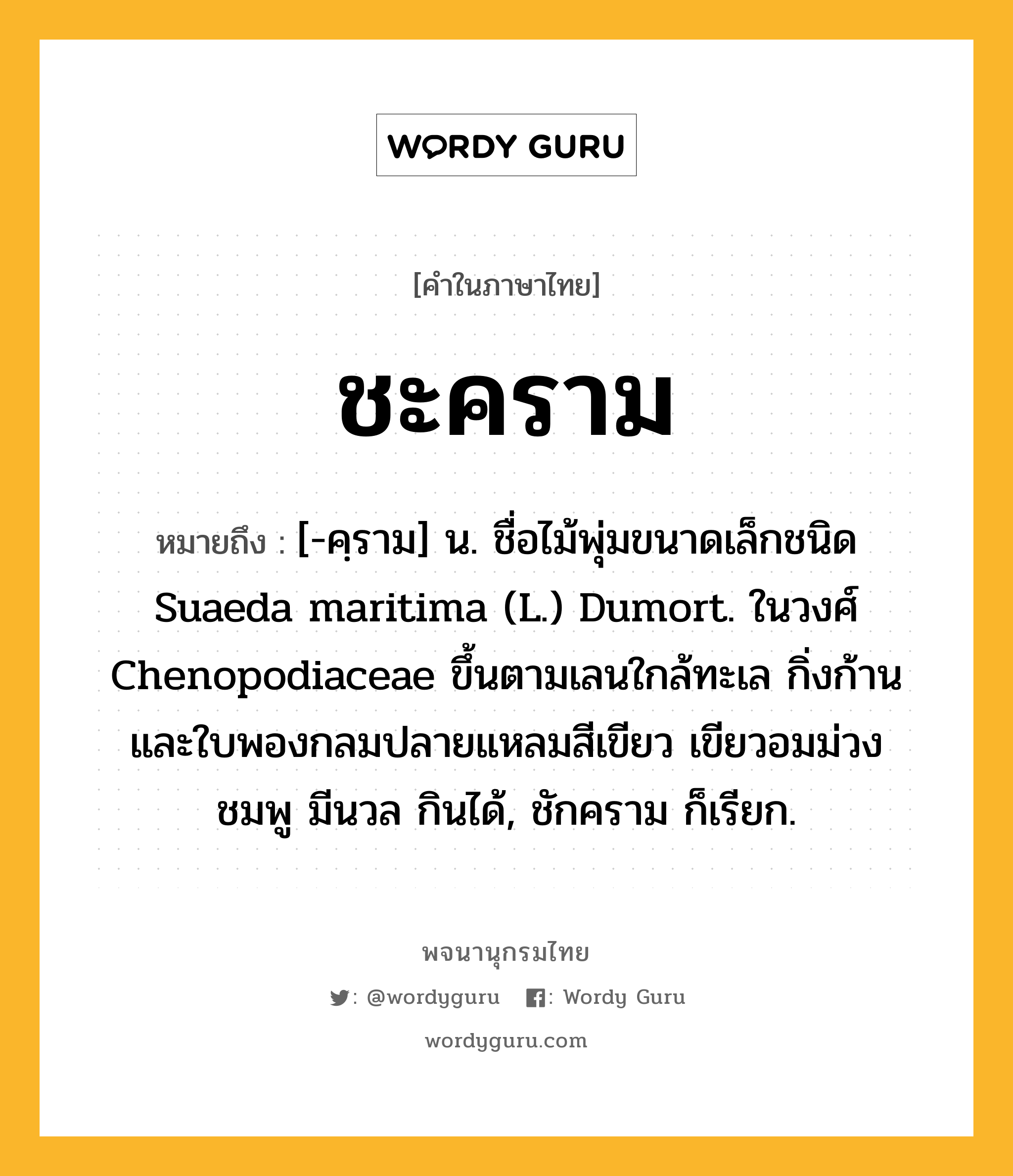 ชะคราม ความหมาย หมายถึงอะไร?, คำในภาษาไทย ชะคราม หมายถึง [-คฺราม] น. ชื่อไม้พุ่มขนาดเล็กชนิด Suaeda maritima (L.) Dumort. ในวงศ์ Chenopodiaceae ขึ้นตามเลนใกล้ทะเล กิ่งก้านและใบพองกลมปลายแหลมสีเขียว เขียวอมม่วง ชมพู มีนวล กินได้, ชักคราม ก็เรียก.