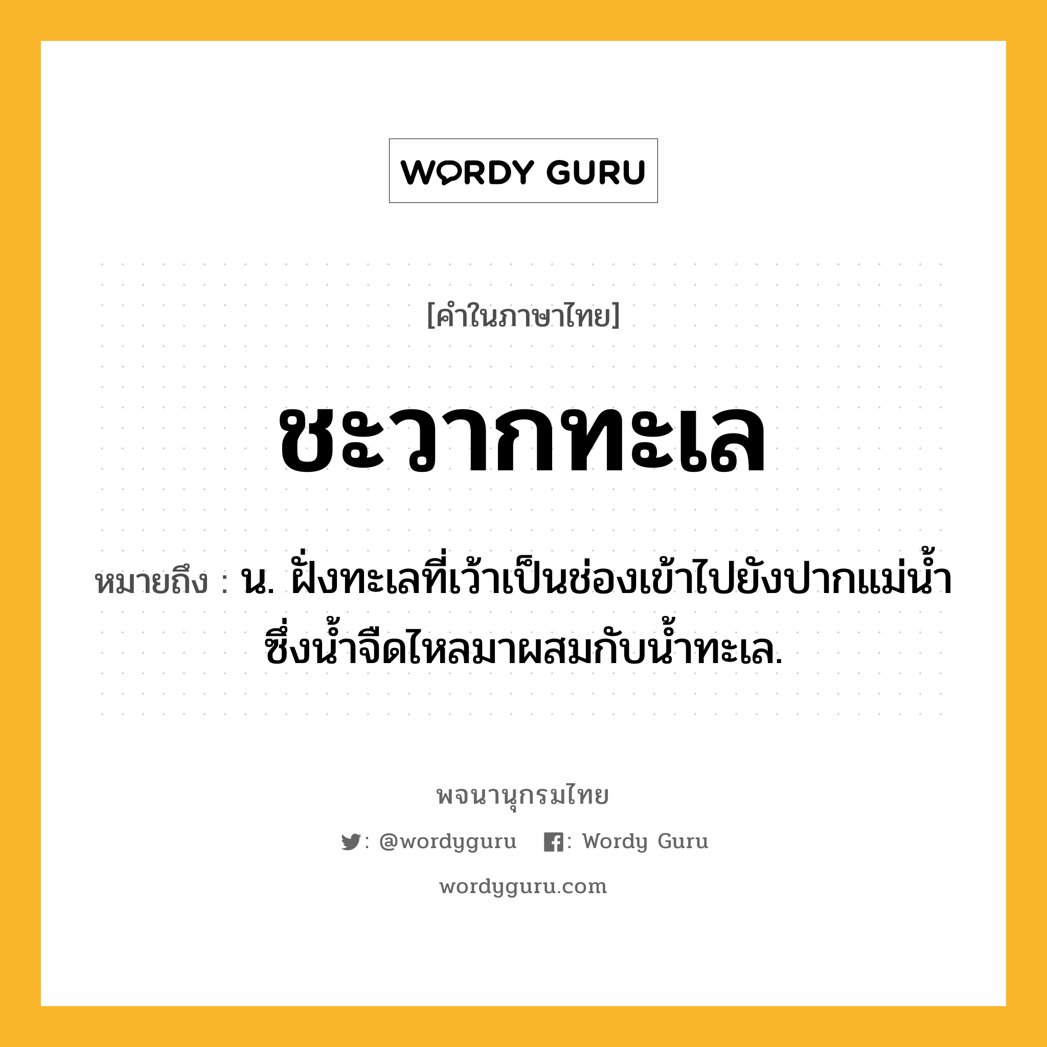 ชะวากทะเล ความหมาย หมายถึงอะไร?, คำในภาษาไทย ชะวากทะเล หมายถึง น. ฝั่งทะเลที่เว้าเป็นช่องเข้าไปยังปากแม่นํ้า ซึ่งนํ้าจืดไหลมาผสมกับนํ้าทะเล.