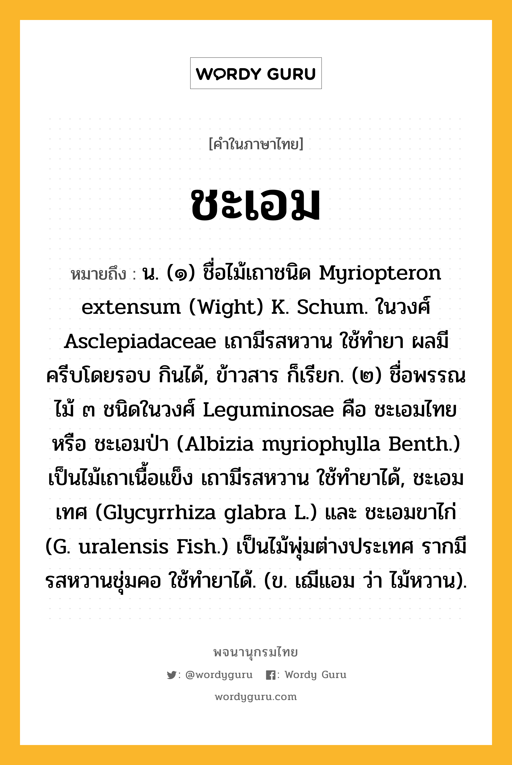 ชะเอม ความหมาย หมายถึงอะไร?, คำในภาษาไทย ชะเอม หมายถึง น. (๑) ชื่อไม้เถาชนิด Myriopteron extensum (Wight) K. Schum. ในวงศ์ Asclepiadaceae เถามีรสหวาน ใช้ทํายา ผลมีครีบโดยรอบ กินได้, ข้าวสาร ก็เรียก. (๒) ชื่อพรรณไม้ ๓ ชนิดในวงศ์ Leguminosae คือ ชะเอมไทย หรือ ชะเอมป่า (Albizia myriophylla Benth.) เป็นไม้เถาเนื้อแข็ง เถามีรสหวาน ใช้ทํายาได้, ชะเอมเทศ (Glycyrrhiza glabra L.) และ ชะเอมขาไก่ (G. uralensis Fish.) เป็นไม้พุ่มต่างประเทศ รากมีรสหวานชุ่มคอ ใช้ทํายาได้. (ข. เฌีแอม ว่า ไม้หวาน).