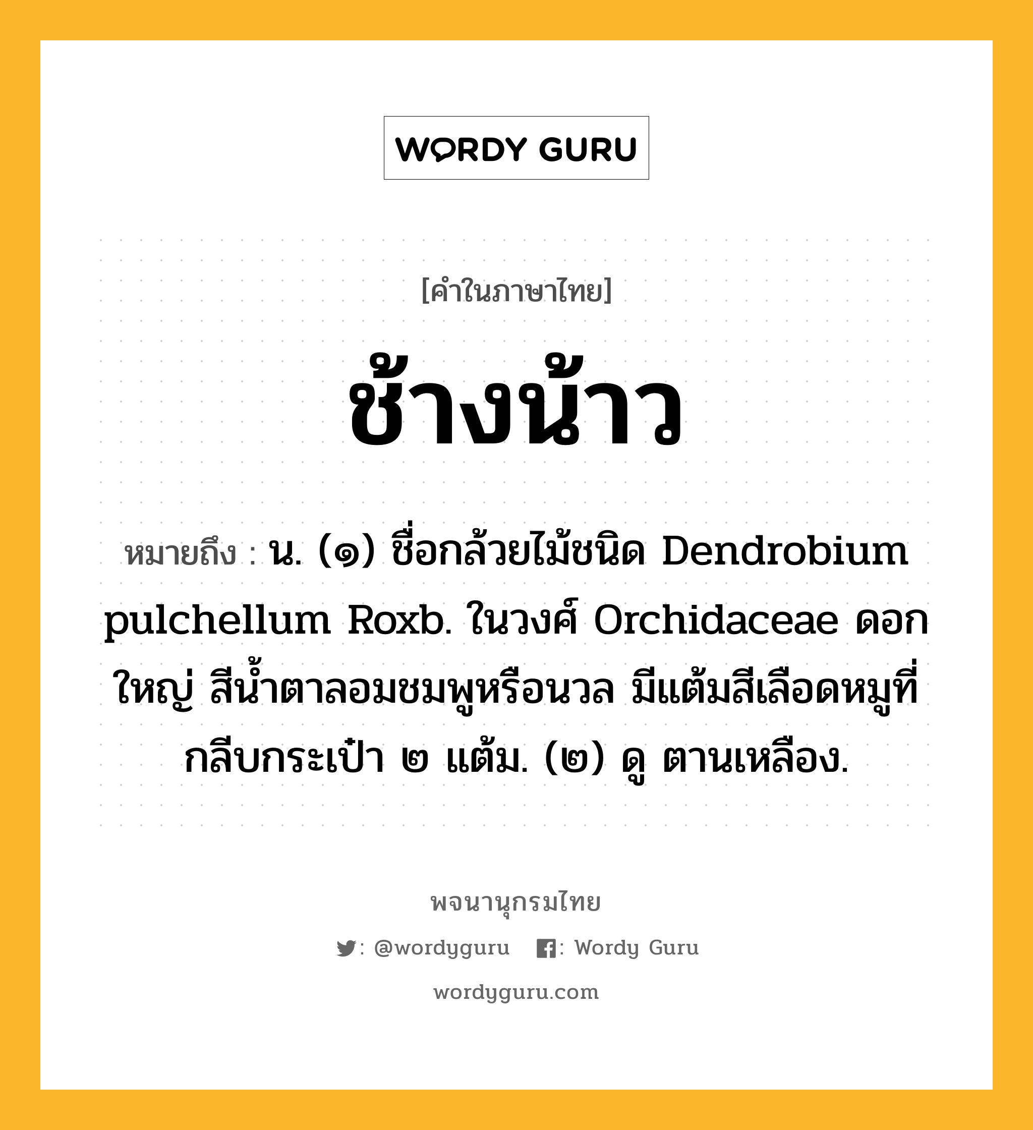 ช้างน้าว ความหมาย หมายถึงอะไร?, คำในภาษาไทย ช้างน้าว หมายถึง น. (๑) ชื่อกล้วยไม้ชนิด Dendrobium pulchellum Roxb. ในวงศ์ Orchidaceae ดอกใหญ่ สีนํ้าตาลอมชมพูหรือนวล มีแต้มสีเลือดหมูที่กลีบกระเป๋า ๒ แต้ม. (๒) ดู ตานเหลือง.