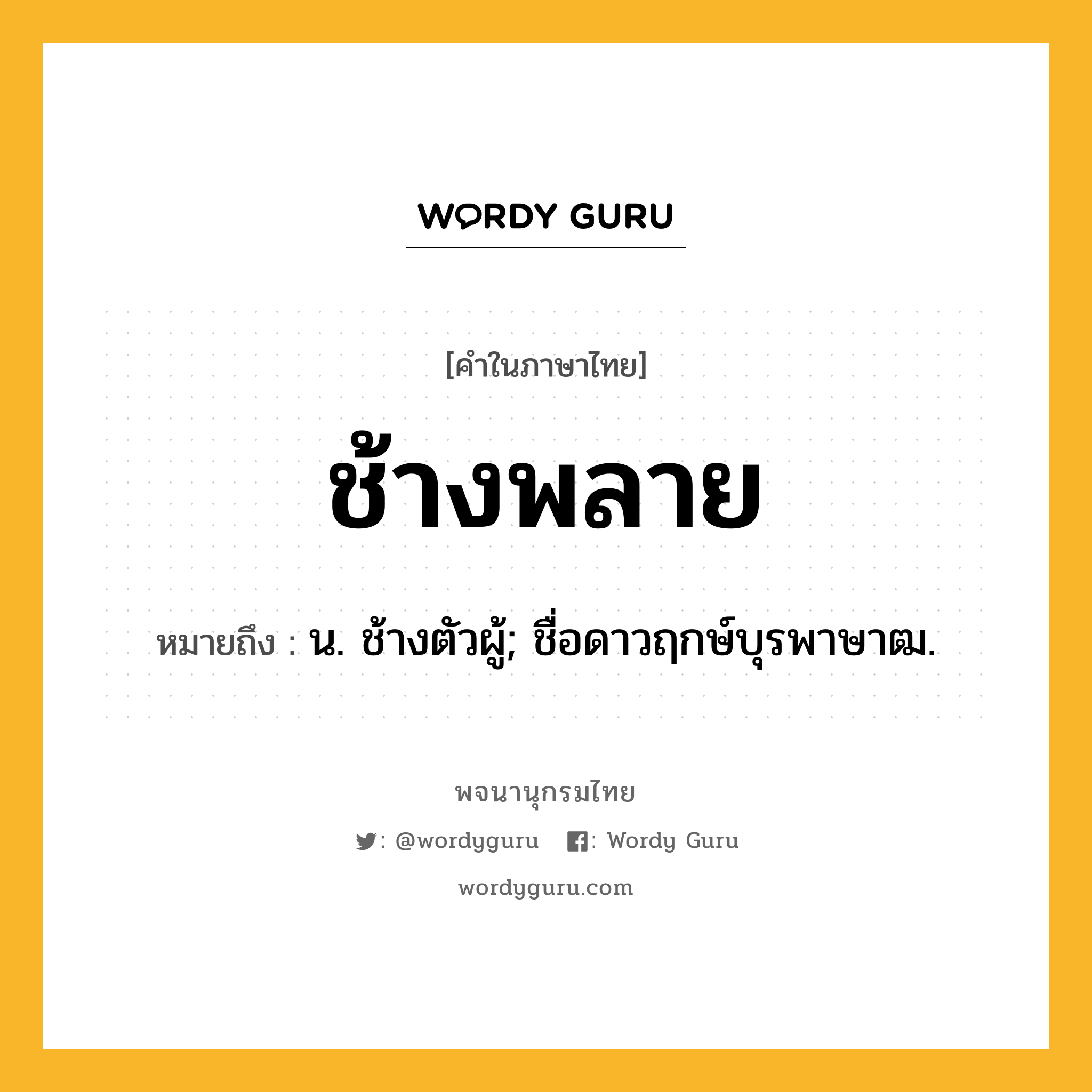 ช้างพลาย ความหมาย หมายถึงอะไร?, คำในภาษาไทย ช้างพลาย หมายถึง น. ช้างตัวผู้; ชื่อดาวฤกษ์บุรพาษาฒ.