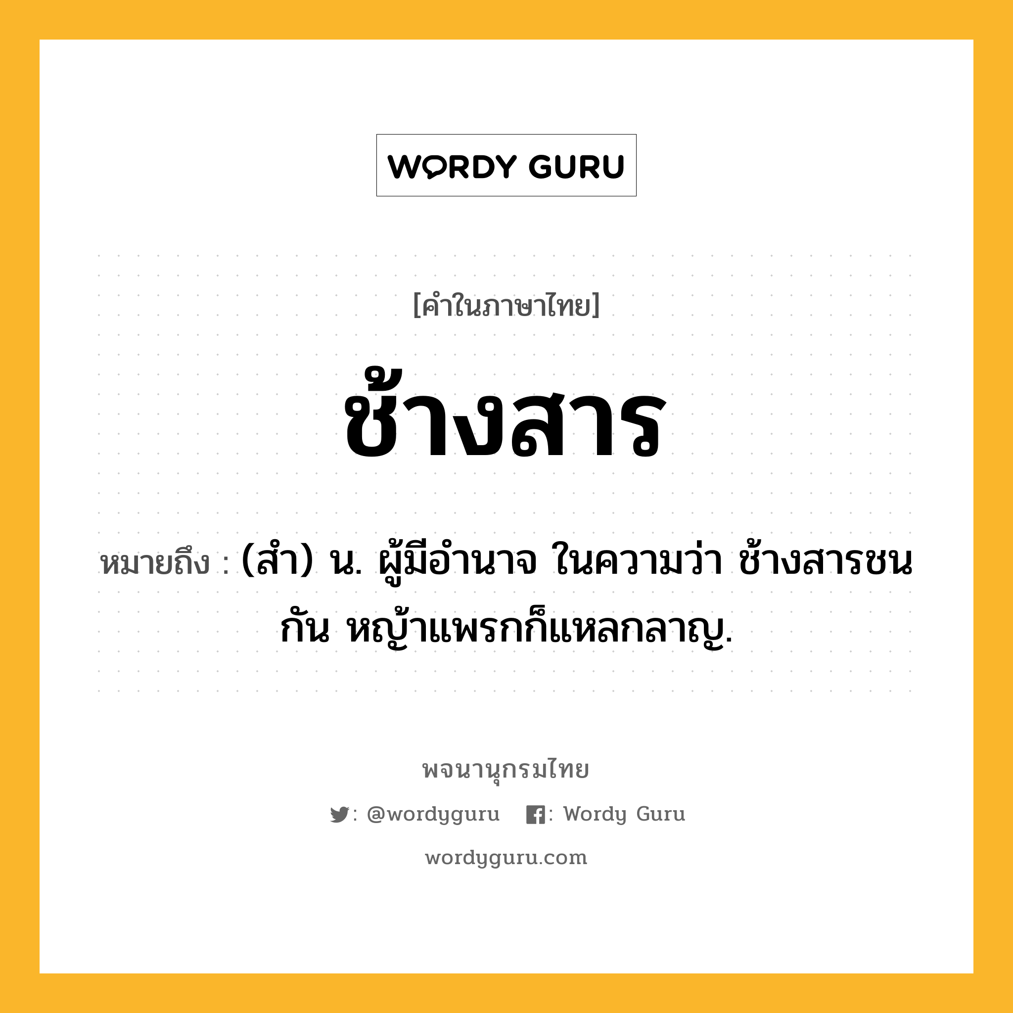 ช้างสาร ความหมาย หมายถึงอะไร?, คำในภาษาไทย ช้างสาร หมายถึง (สำ) น. ผู้มีอำนาจ ในความว่า ช้างสารชนกัน หญ้าแพรกก็แหลกลาญ.