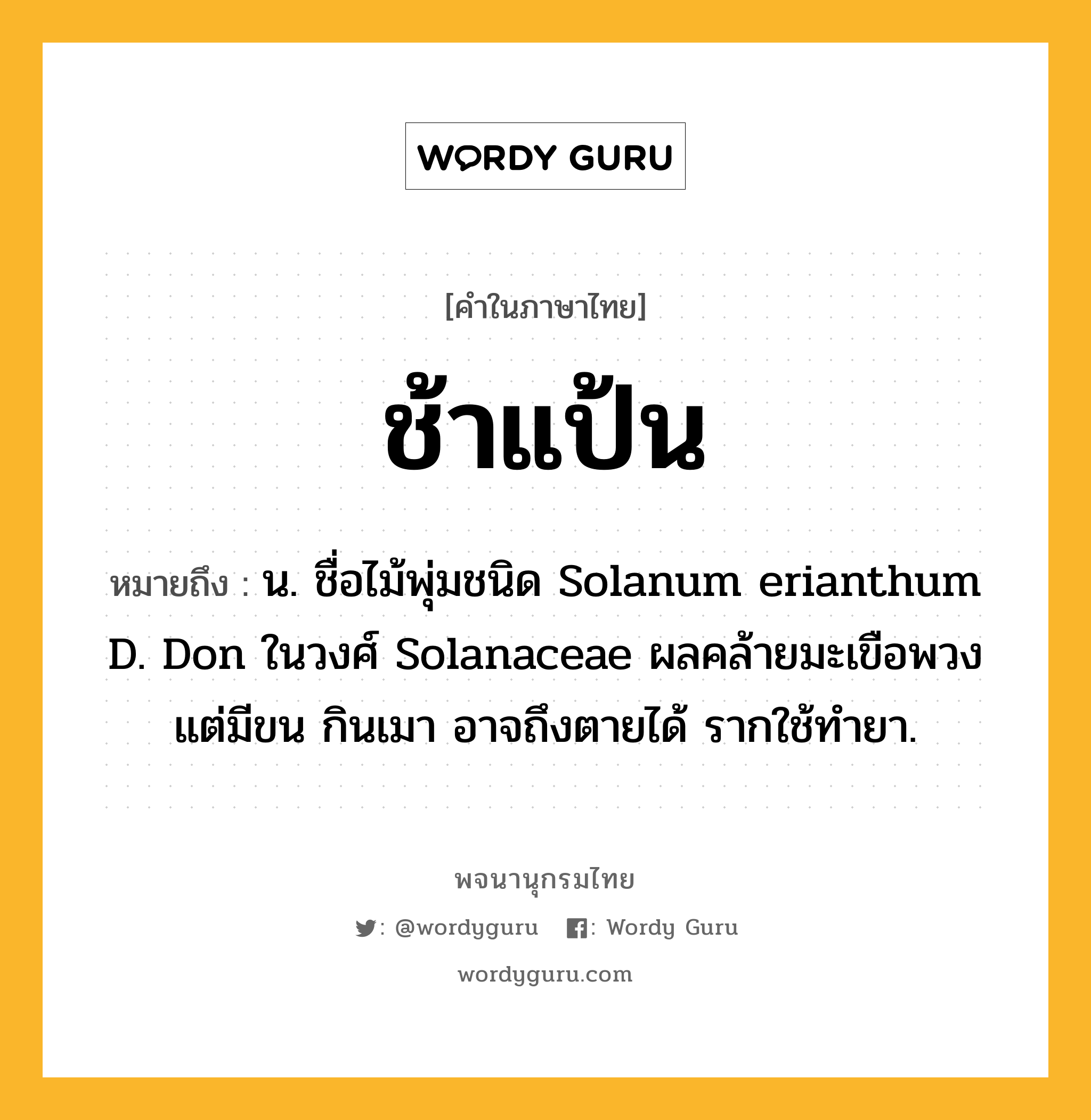 ช้าแป้น ความหมาย หมายถึงอะไร?, คำในภาษาไทย ช้าแป้น หมายถึง น. ชื่อไม้พุ่มชนิด Solanum erianthum D. Don ในวงศ์ Solanaceae ผลคล้ายมะเขือพวงแต่มีขน กินเมา อาจถึงตายได้ รากใช้ทํายา.