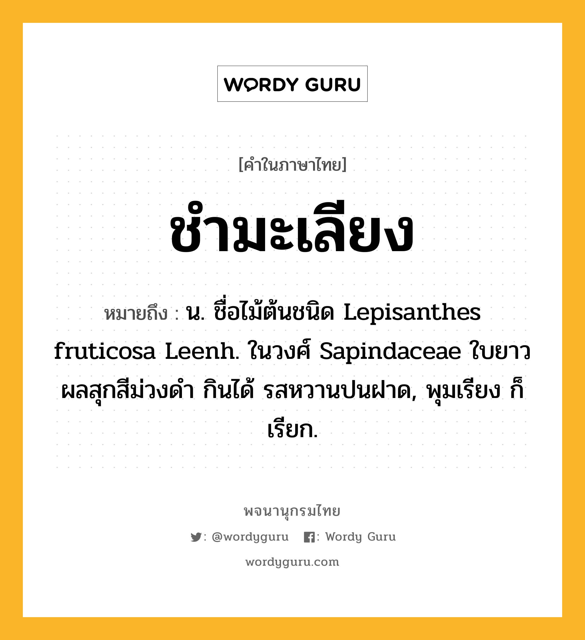 ชำมะเลียง ความหมาย หมายถึงอะไร?, คำในภาษาไทย ชำมะเลียง หมายถึง น. ชื่อไม้ต้นชนิด Lepisanthes fruticosa Leenh. ในวงศ์ Sapindaceae ใบยาว ผลสุกสีม่วงดํา กินได้ รสหวานปนฝาด, พุมเรียง ก็เรียก.