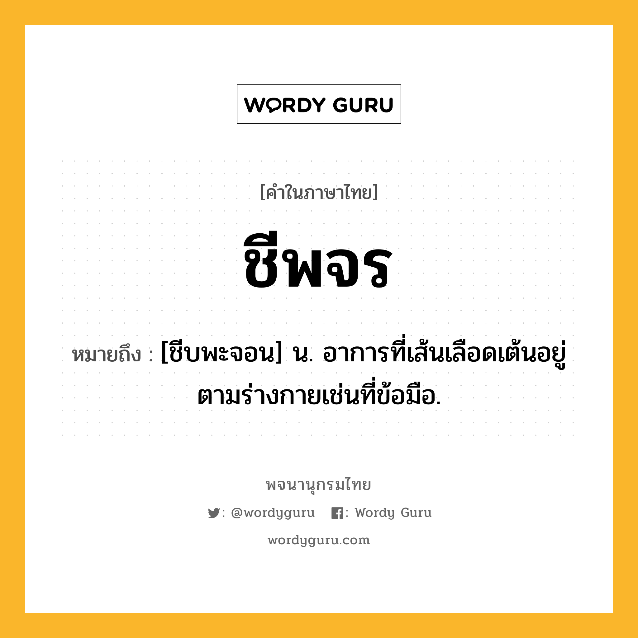 ชีพจร ความหมาย หมายถึงอะไร?, คำในภาษาไทย ชีพจร หมายถึง [ชีบพะจอน] น. อาการที่เส้นเลือดเต้นอยู่ตามร่างกายเช่นที่ข้อมือ.