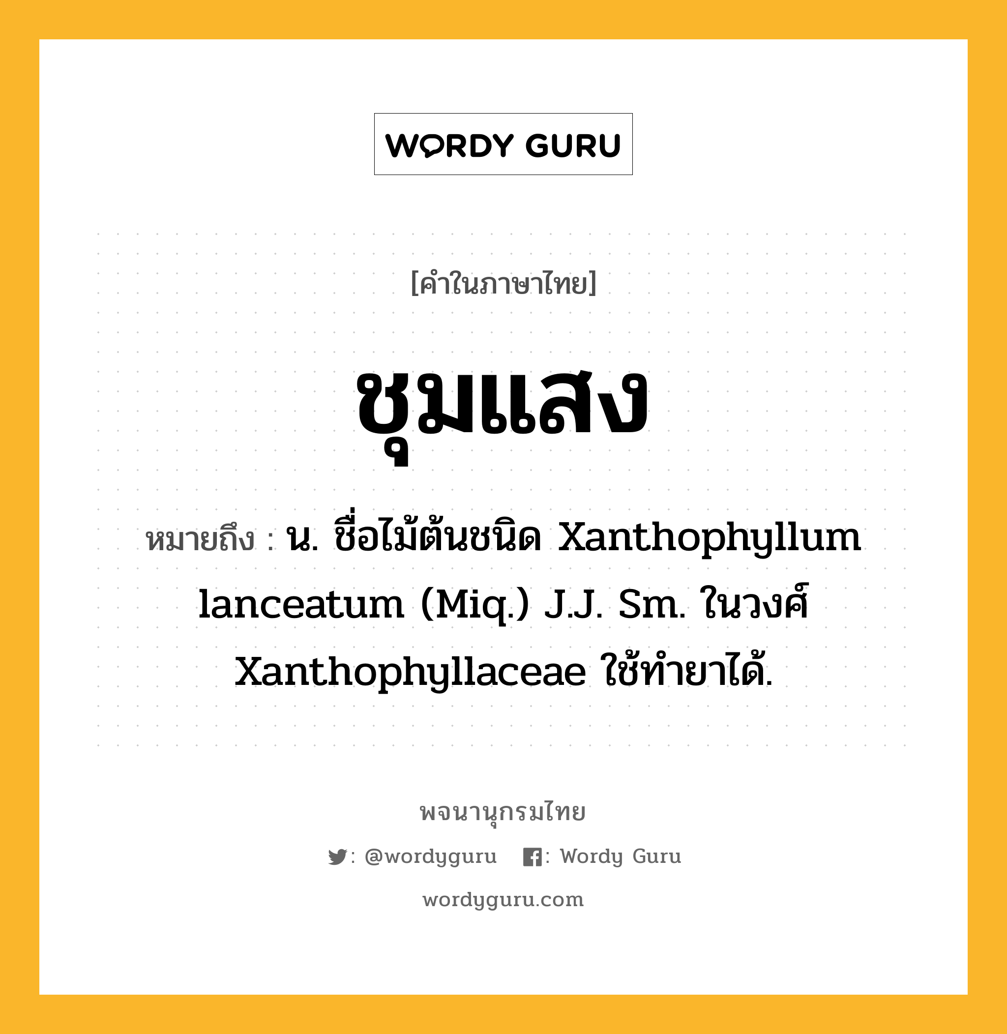 ชุมแสง ความหมาย หมายถึงอะไร?, คำในภาษาไทย ชุมแสง หมายถึง น. ชื่อไม้ต้นชนิด Xanthophyllum lanceatum (Miq.) J.J. Sm. ในวงศ์ Xanthophyllaceae ใช้ทํายาได้.