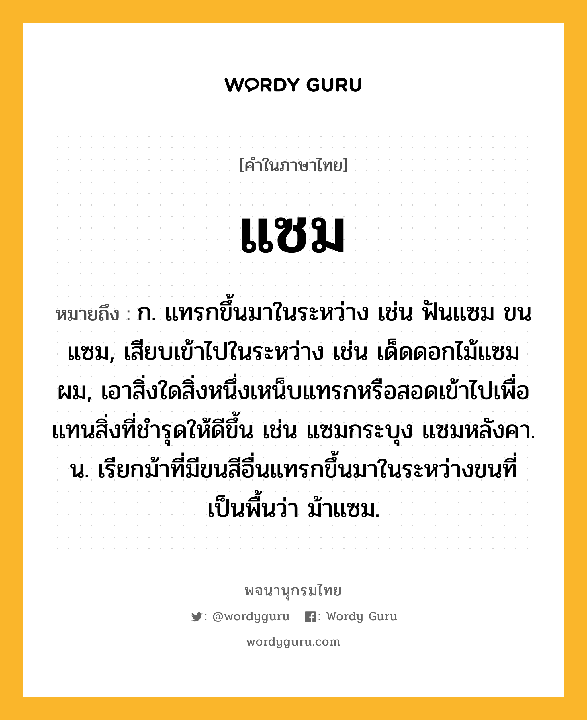 แซม ความหมาย หมายถึงอะไร?, คำในภาษาไทย แซม หมายถึง ก. แทรกขึ้นมาในระหว่าง เช่น ฟันแซม ขนแซม, เสียบเข้าไปในระหว่าง เช่น เด็ดดอกไม้แซมผม, เอาสิ่งใดสิ่งหนึ่งเหน็บแทรกหรือสอดเข้าไปเพื่อแทนสิ่งที่ชํารุดให้ดีขึ้น เช่น แซมกระบุง แซมหลังคา. น. เรียกม้าที่มีขนสีอื่นแทรกขึ้นมาในระหว่างขนที่เป็นพื้นว่า ม้าแซม.