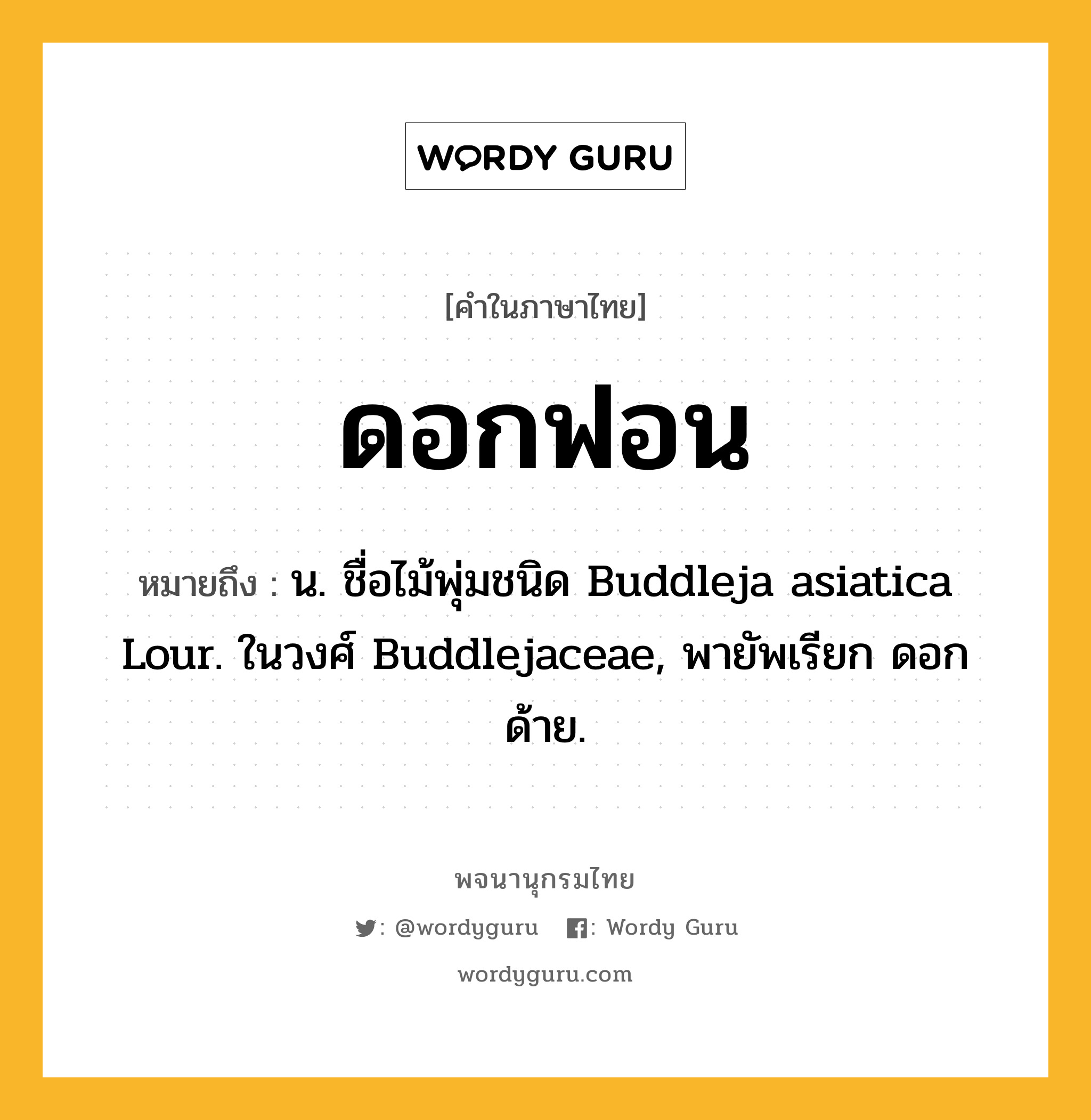 ดอกฟอน ความหมาย หมายถึงอะไร?, คำในภาษาไทย ดอกฟอน หมายถึง น. ชื่อไม้พุ่มชนิด Buddleja asiatica Lour. ในวงศ์ Buddlejaceae, พายัพเรียก ดอกด้าย.