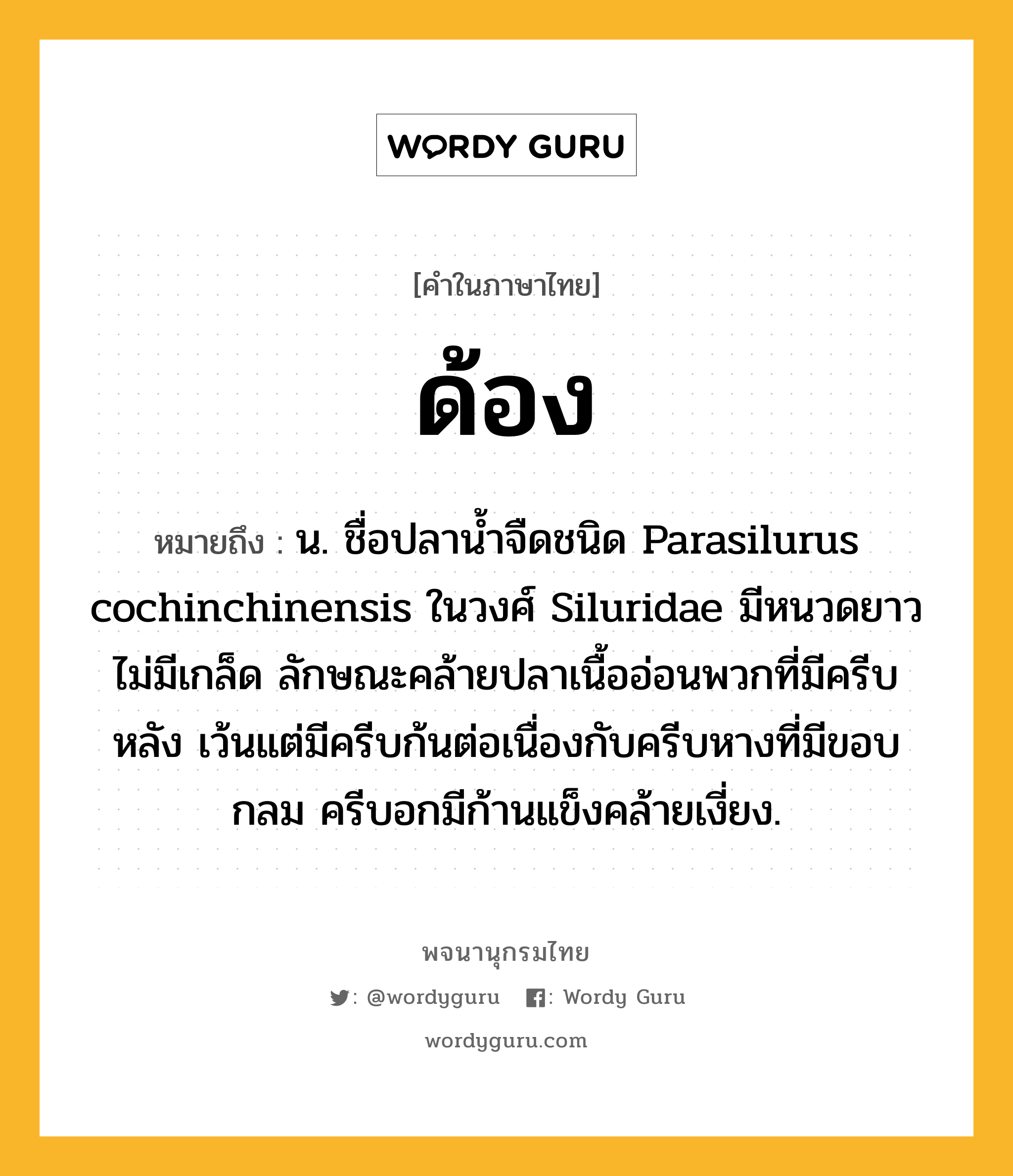 ด้อง ความหมาย หมายถึงอะไร?, คำในภาษาไทย ด้อง หมายถึง น. ชื่อปลานํ้าจืดชนิด Parasilurus cochinchinensis ในวงศ์ Siluridae มีหนวดยาว ไม่มีเกล็ด ลักษณะคล้ายปลาเนื้ออ่อนพวกที่มีครีบหลัง เว้นแต่มีครีบก้นต่อเนื่องกับครีบหางที่มีขอบกลม ครีบอกมีก้านแข็งคล้ายเงี่ยง.