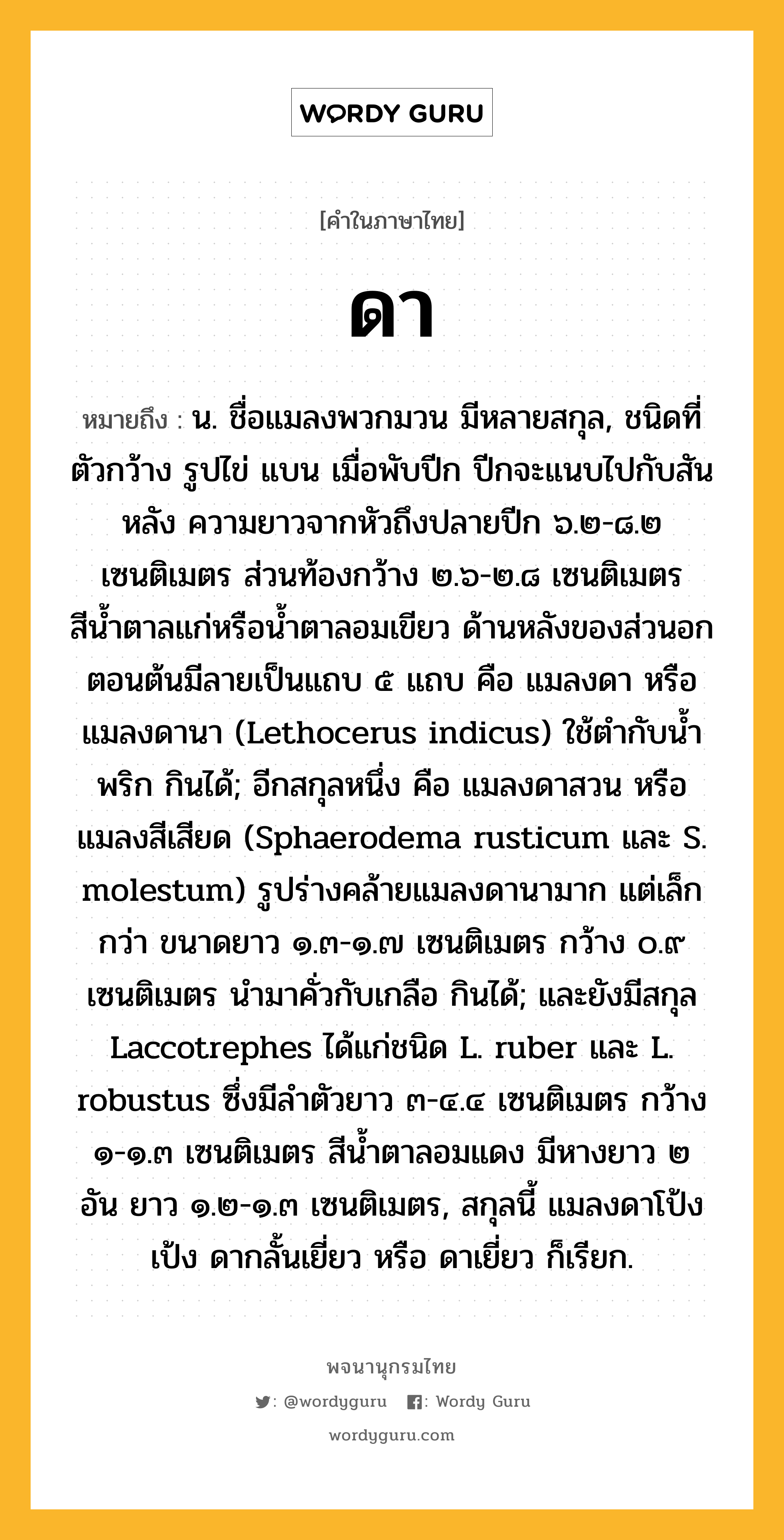 ดา ความหมาย หมายถึงอะไร?, คำในภาษาไทย ดา หมายถึง น. ชื่อแมลงพวกมวน มีหลายสกุล, ชนิดที่ตัวกว้าง รูปไข่ แบน เมื่อพับปีก ปีกจะแนบไปกับสันหลัง ความยาวจากหัวถึงปลายปีก ๖.๒-๘.๒ เซนติเมตร ส่วนท้องกว้าง ๒.๖-๒.๘ เซนติเมตร สีนํ้าตาลแก่หรือนํ้าตาลอมเขียว ด้านหลังของส่วนอกตอนต้นมีลายเป็นแถบ ๕ แถบ คือ แมลงดา หรือ แมลงดานา (Lethocerus indicus) ใช้ตํากับนํ้าพริก กินได้; อีกสกุลหนึ่ง คือ แมลงดาสวน หรือ แมลงสีเสียด (Sphaerodema rusticum และ S. molestum) รูปร่างคล้ายแมลงดานามาก แต่เล็กกว่า ขนาดยาว ๑.๓-๑.๗ เซนติเมตร กว้าง ๐.๙ เซนติเมตร นํามาคั่วกับเกลือ กินได้; และยังมีสกุล Laccotrephes ได้แก่ชนิด L. ruber และ L. robustus ซึ่งมีลําตัวยาว ๓-๔.๔ เซนติเมตร กว้าง ๑-๑.๓ เซนติเมตร สีนํ้าตาลอมแดง มีหางยาว ๒ อัน ยาว ๑.๒-๑.๓ เซนติเมตร, สกุลนี้ แมลงดาโป้งเป้ง ดากลั้นเยี่ยว หรือ ดาเยี่ยว ก็เรียก.