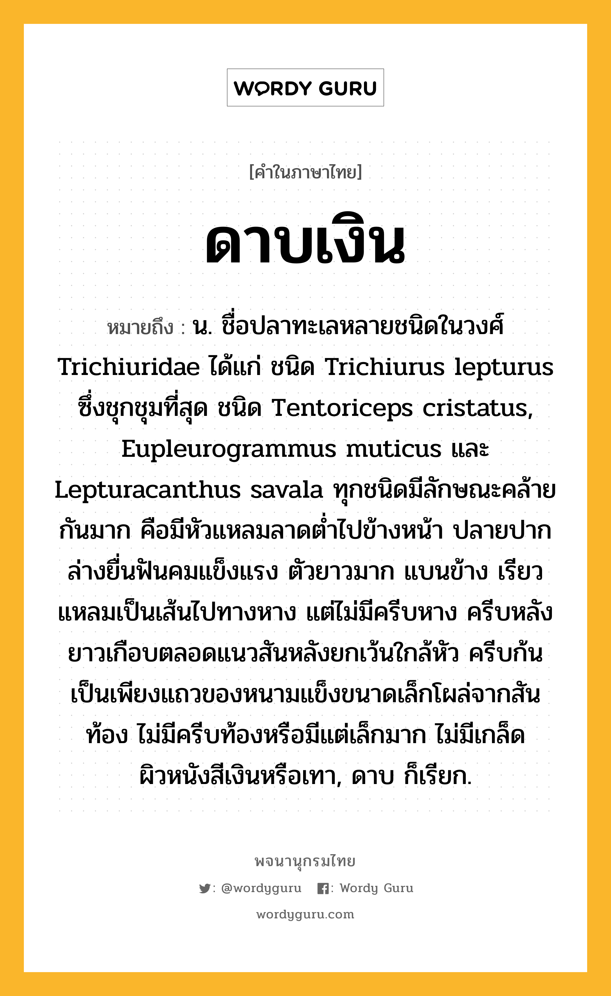 ดาบเงิน ความหมาย หมายถึงอะไร?, คำในภาษาไทย ดาบเงิน หมายถึง น. ชื่อปลาทะเลหลายชนิดในวงศ์ Trichiuridae ได้แก่ ชนิด Trichiurus lepturus ซึ่งชุกชุมที่สุด ชนิด Tentoriceps cristatus, Eupleurogrammus muticus และ Lepturacanthus savala ทุกชนิดมีลักษณะคล้ายกันมาก คือมีหัวแหลมลาดตํ่าไปข้างหน้า ปลายปากล่างยื่นฟันคมแข็งแรง ตัวยาวมาก แบนข้าง เรียวแหลมเป็นเส้นไปทางหาง แต่ไม่มีครีบหาง ครีบหลังยาวเกือบตลอดแนวสันหลังยกเว้นใกล้หัว ครีบก้นเป็นเพียงแถวของหนามแข็งขนาดเล็กโผล่จากสันท้อง ไม่มีครีบท้องหรือมีแต่เล็กมาก ไม่มีเกล็ด ผิวหนังสีเงินหรือเทา, ดาบ ก็เรียก.