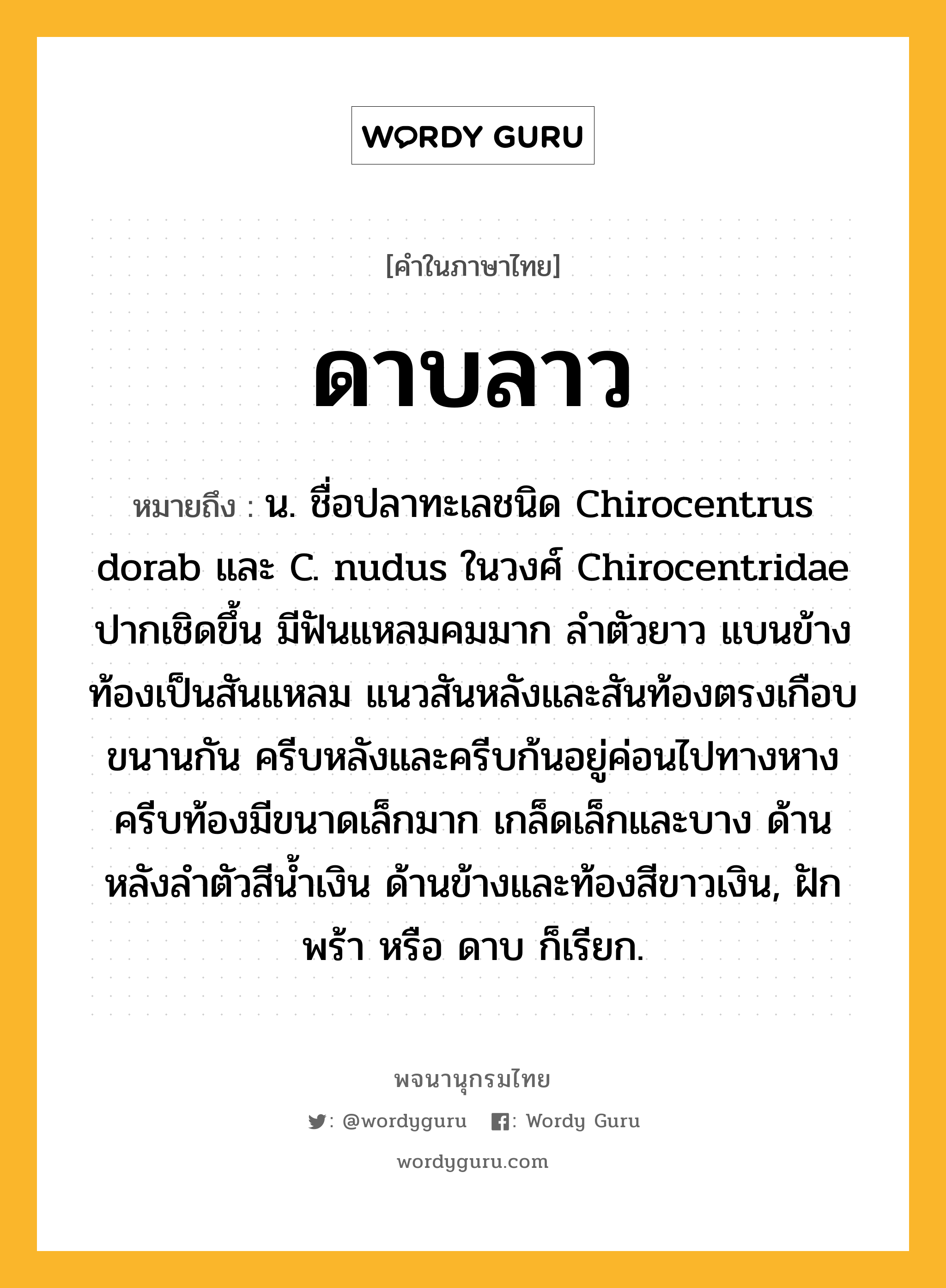 ดาบลาว ความหมาย หมายถึงอะไร?, คำในภาษาไทย ดาบลาว หมายถึง น. ชื่อปลาทะเลชนิด Chirocentrus dorab และ C. nudus ในวงศ์ Chirocentridae ปากเชิดขึ้น มีฟันแหลมคมมาก ลําตัวยาว แบนข้าง ท้องเป็นสันแหลม แนวสันหลังและสันท้องตรงเกือบขนานกัน ครีบหลังและครีบก้นอยู่ค่อนไปทางหาง ครีบท้องมีขนาดเล็กมาก เกล็ดเล็กและบาง ด้านหลังลําตัวสีนํ้าเงิน ด้านข้างและท้องสีขาวเงิน, ฝักพร้า หรือ ดาบ ก็เรียก.