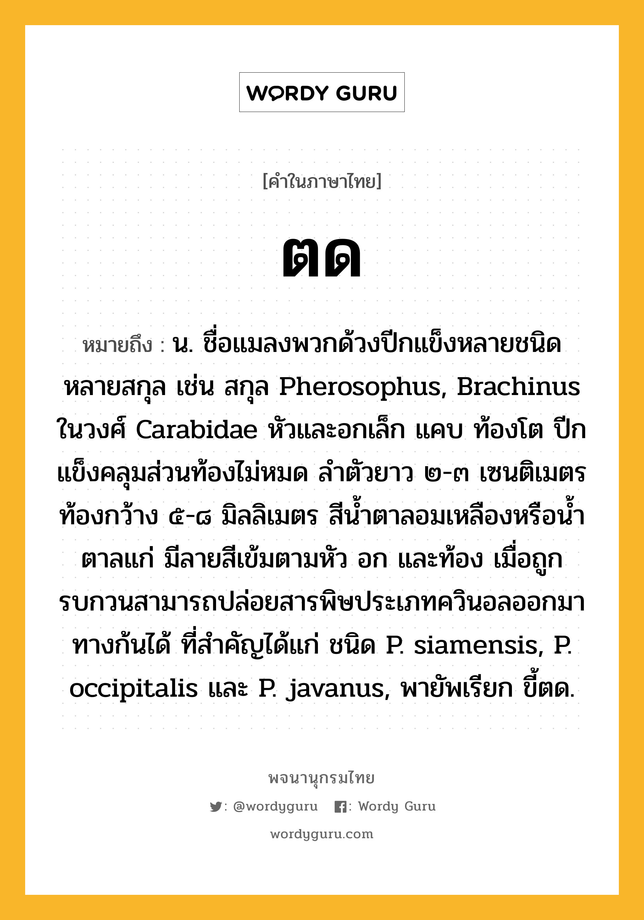 ตด ความหมาย หมายถึงอะไร?, คำในภาษาไทย ตด หมายถึง น. ชื่อแมลงพวกด้วงปีกแข็งหลายชนิดหลายสกุล เช่น สกุล Pherosophus, Brachinus ในวงศ์ Carabidae หัวและอกเล็ก แคบ ท้องโต ปีกแข็งคลุมส่วนท้องไม่หมด ลําตัวยาว ๒-๓ เซนติเมตร ท้องกว้าง ๕-๘ มิลลิเมตร สีนํ้าตาลอมเหลืองหรือนํ้าตาลแก่ มีลายสีเข้มตามหัว อก และท้อง เมื่อถูกรบกวนสามารถปล่อยสารพิษประเภทควินอลออกมาทางก้นได้ ที่สําคัญได้แก่ ชนิด P. siamensis, P. occipitalis และ P. javanus, พายัพเรียก ขี้ตด.