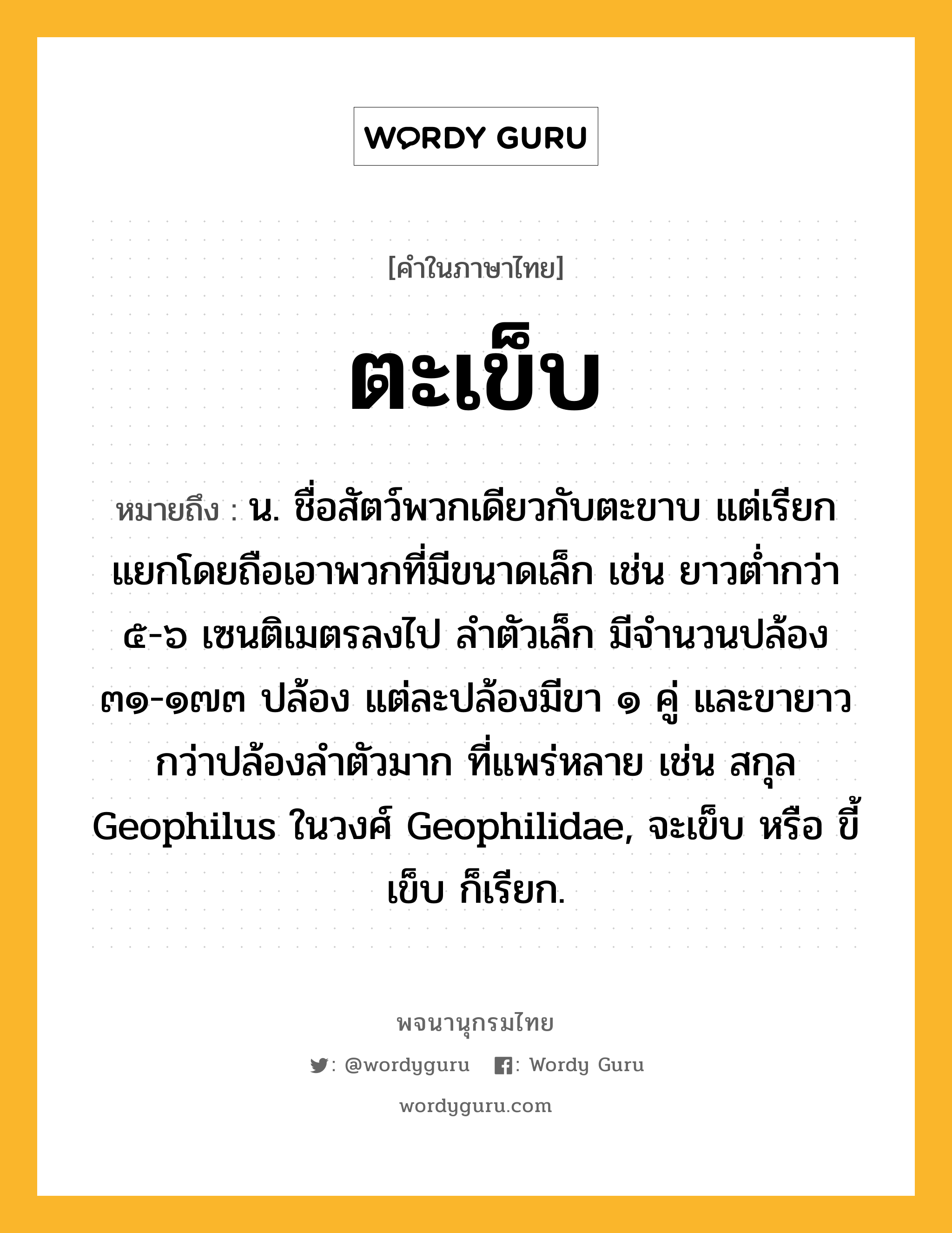 ตะเข็บ ความหมาย หมายถึงอะไร?, คำในภาษาไทย ตะเข็บ หมายถึง น. ชื่อสัตว์พวกเดียวกับตะขาบ แต่เรียกแยกโดยถือเอาพวกที่มีขนาดเล็ก เช่น ยาวตํ่ากว่า ๕-๖ เซนติเมตรลงไป ลําตัวเล็ก มีจำนวนปล้อง ๓๑-๑๗๓ ปล้อง แต่ละปล้องมีขา ๑ คู่ และขายาวกว่าปล้องลําตัวมาก ที่แพร่หลาย เช่น สกุล Geophilus ในวงศ์ Geophilidae, จะเข็บ หรือ ขี้เข็บ ก็เรียก.