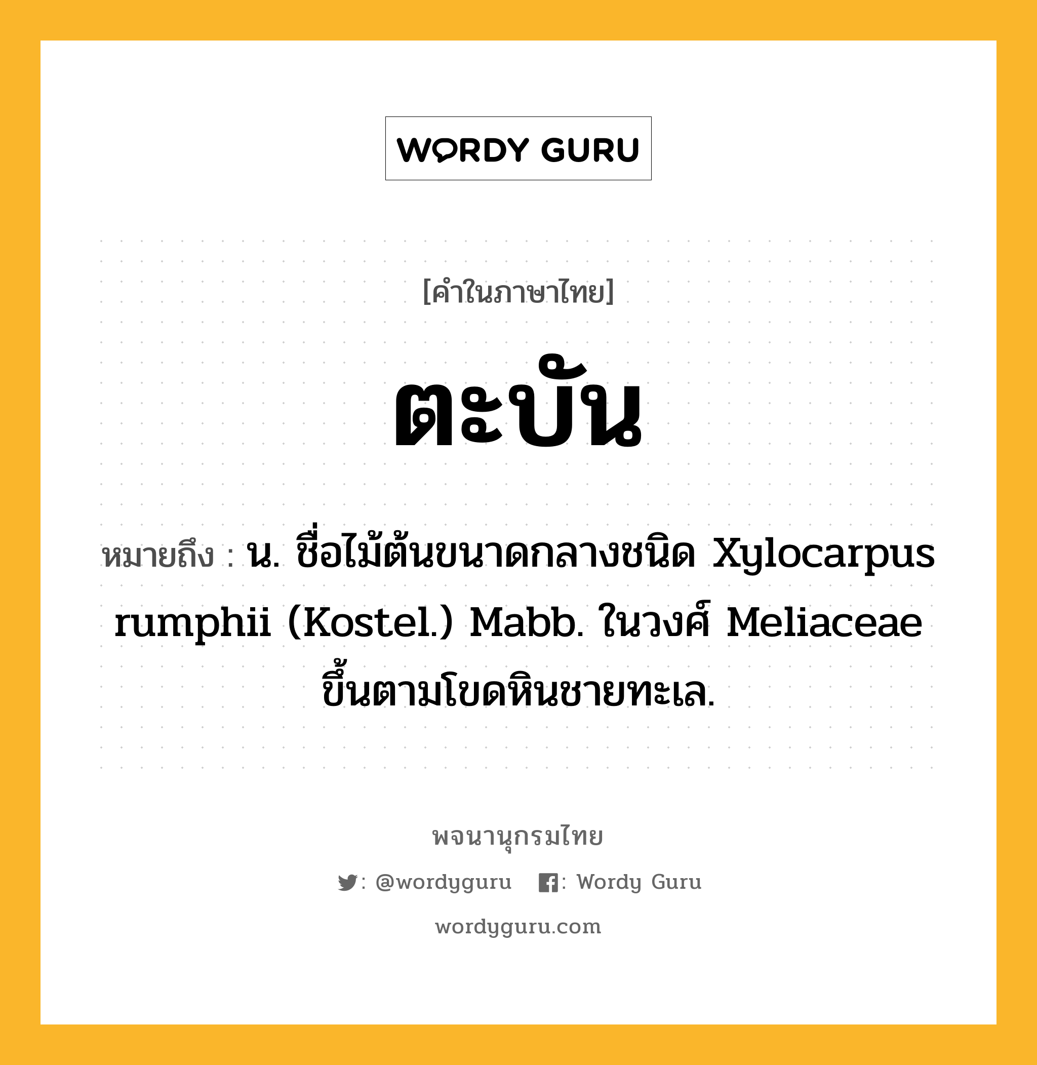 ตะบัน ความหมาย หมายถึงอะไร?, คำในภาษาไทย ตะบัน หมายถึง น. ชื่อไม้ต้นขนาดกลางชนิด Xylocarpus rumphii (Kostel.) Mabb. ในวงศ์ Meliaceae ขึ้นตามโขดหินชายทะเล.