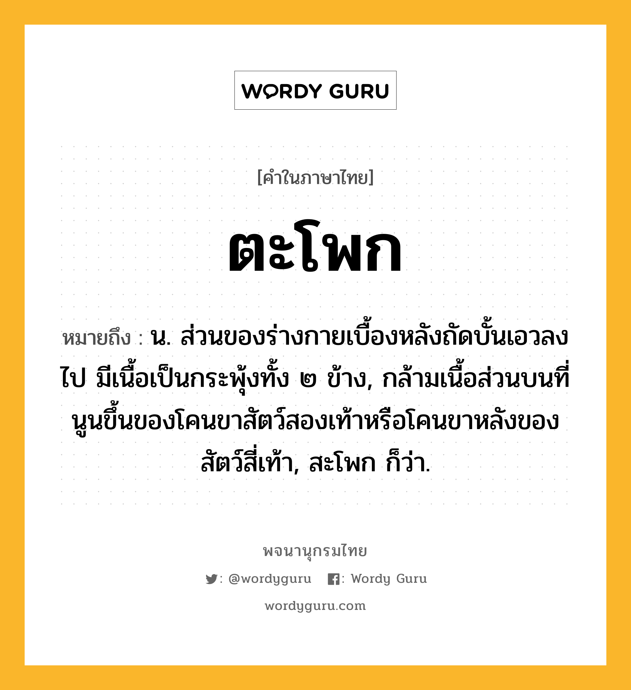 ตะโพก ความหมาย หมายถึงอะไร?, คำในภาษาไทย ตะโพก หมายถึง น. ส่วนของร่างกายเบื้องหลังถัดบั้นเอวลงไป มีเนื้อเป็นกระพุ้งทั้ง ๒ ข้าง, กล้ามเนื้อส่วนบนที่นูนขึ้นของโคนขาสัตว์สองเท้าหรือโคนขาหลังของสัตว์สี่เท้า, สะโพก ก็ว่า.