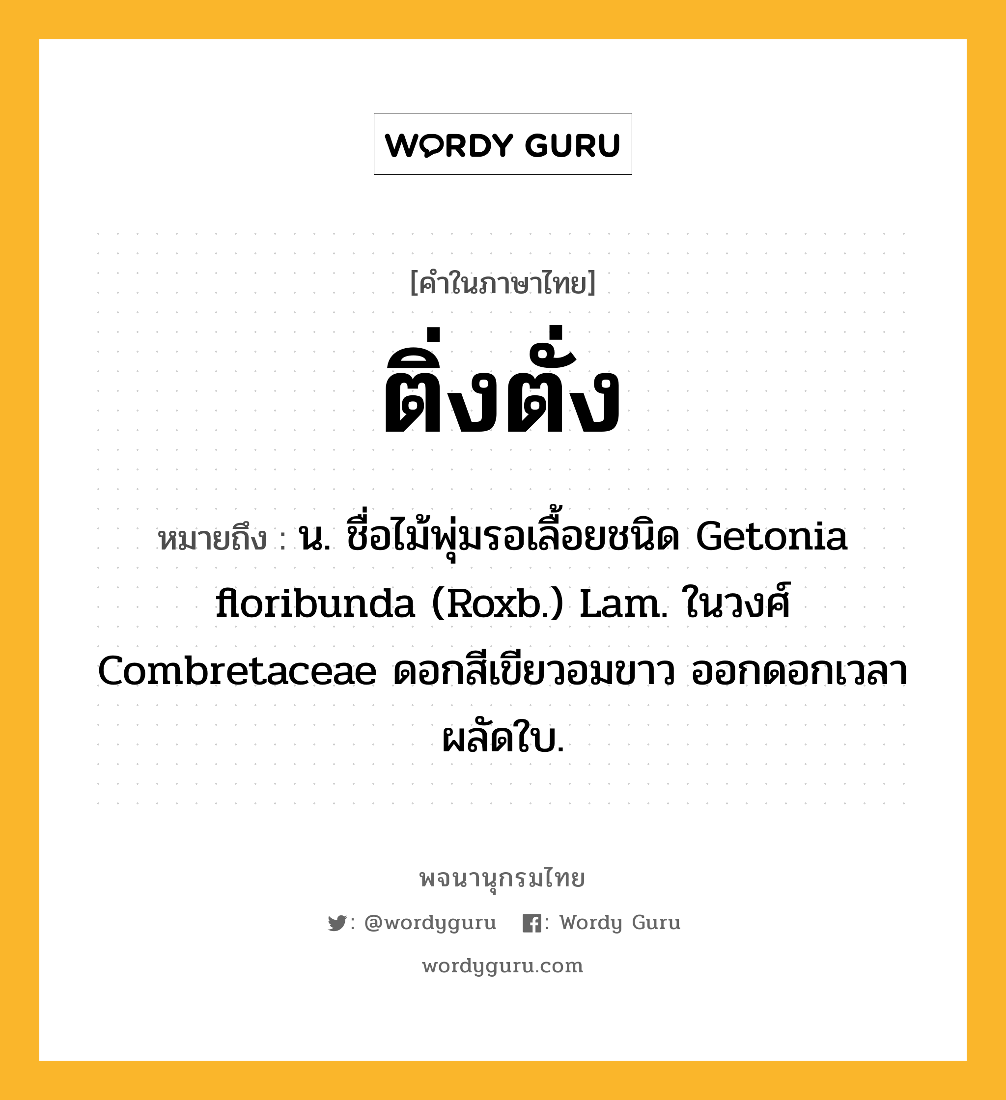 ติ่งตั่ง ความหมาย หมายถึงอะไร?, คำในภาษาไทย ติ่งตั่ง หมายถึง น. ชื่อไม้พุ่มรอเลื้อยชนิด Getonia floribunda (Roxb.) Lam. ในวงศ์ Combretaceae ดอกสีเขียวอมขาว ออกดอกเวลาผลัดใบ.