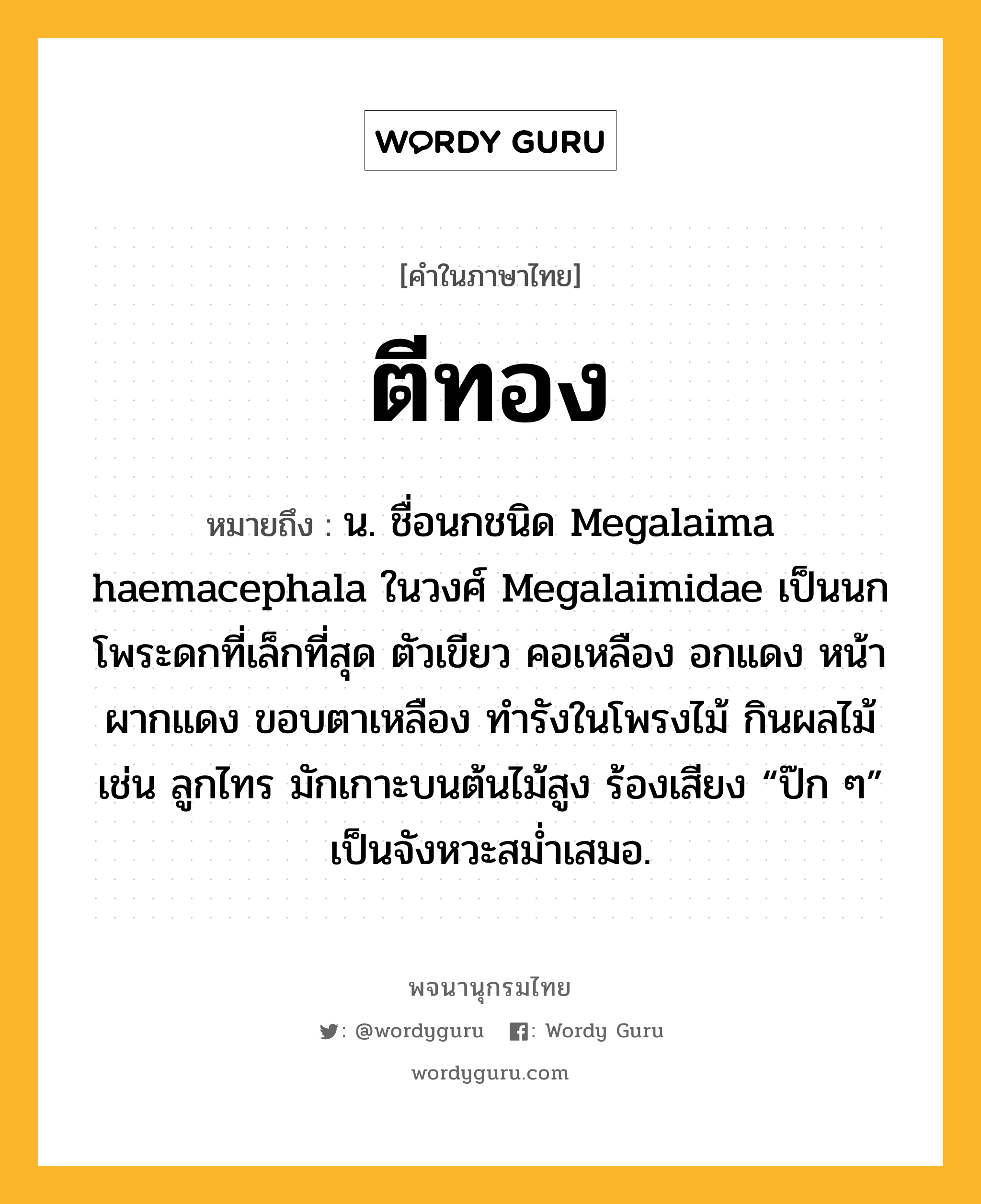 ตีทอง ความหมาย หมายถึงอะไร?, คำในภาษาไทย ตีทอง หมายถึง น. ชื่อนกชนิด Megalaima haemacephala ในวงศ์ Megalaimidae เป็นนกโพระดกที่เล็กที่สุด ตัวเขียว คอเหลือง อกแดง หน้าผากแดง ขอบตาเหลือง ทํารังในโพรงไม้ กินผลไม้ เช่น ลูกไทร มักเกาะบนต้นไม้สูง ร้องเสียง “ป๊ก ๆ” เป็นจังหวะสมํ่าเสมอ.