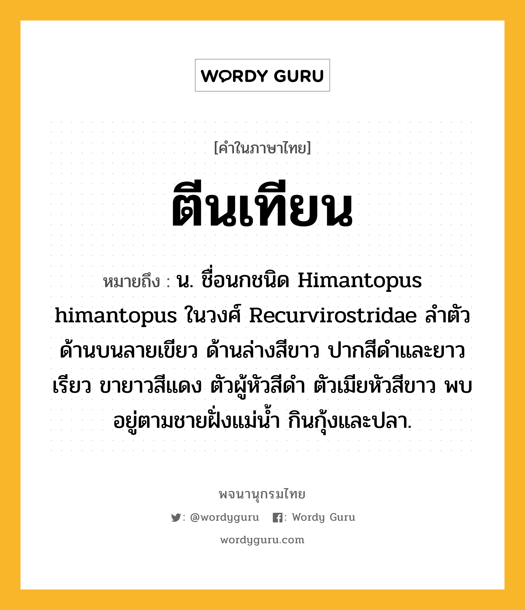 ตีนเทียน ความหมาย หมายถึงอะไร?, คำในภาษาไทย ตีนเทียน หมายถึง น. ชื่อนกชนิด Himantopus himantopus ในวงศ์ Recurvirostridae ลําตัวด้านบนลายเขียว ด้านล่างสีขาว ปากสีดําและยาวเรียว ขายาวสีแดง ตัวผู้หัวสีดํา ตัวเมียหัวสีขาว พบอยู่ตามชายฝั่งแม่นํ้า กินกุ้งและปลา.