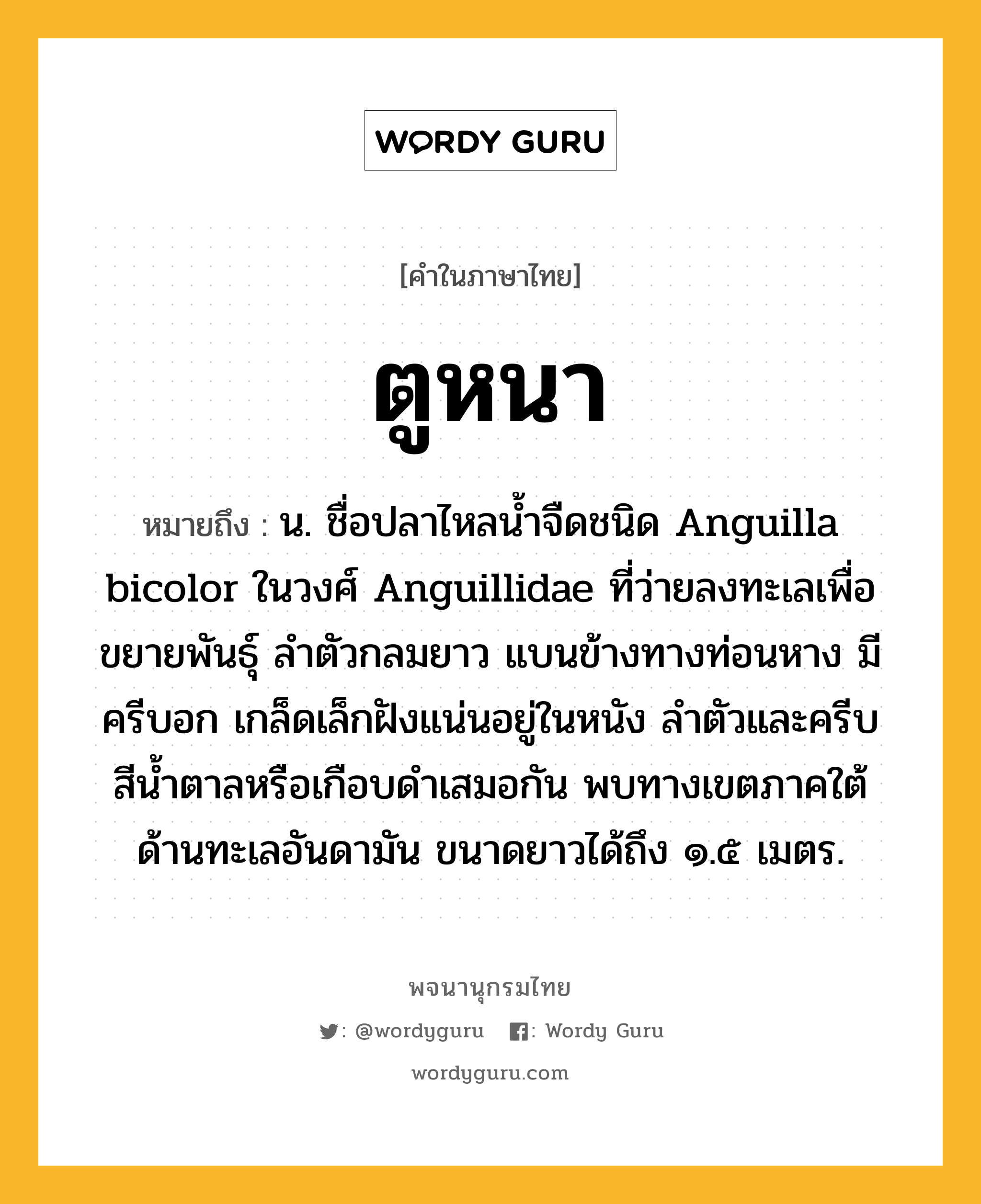 ตูหนา ความหมาย หมายถึงอะไร?, คำในภาษาไทย ตูหนา หมายถึง น. ชื่อปลาไหลนํ้าจืดชนิด Anguilla bicolor ในวงศ์ Anguillidae ที่ว่ายลงทะเลเพื่อขยายพันธุ์ ลําตัวกลมยาว แบนข้างทางท่อนหาง มีครีบอก เกล็ดเล็กฝังแน่นอยู่ในหนัง ลําตัวและครีบสีนํ้าตาลหรือเกือบดําเสมอกัน พบทางเขตภาคใต้ด้านทะเลอันดามัน ขนาดยาวได้ถึง ๑.๕ เมตร.