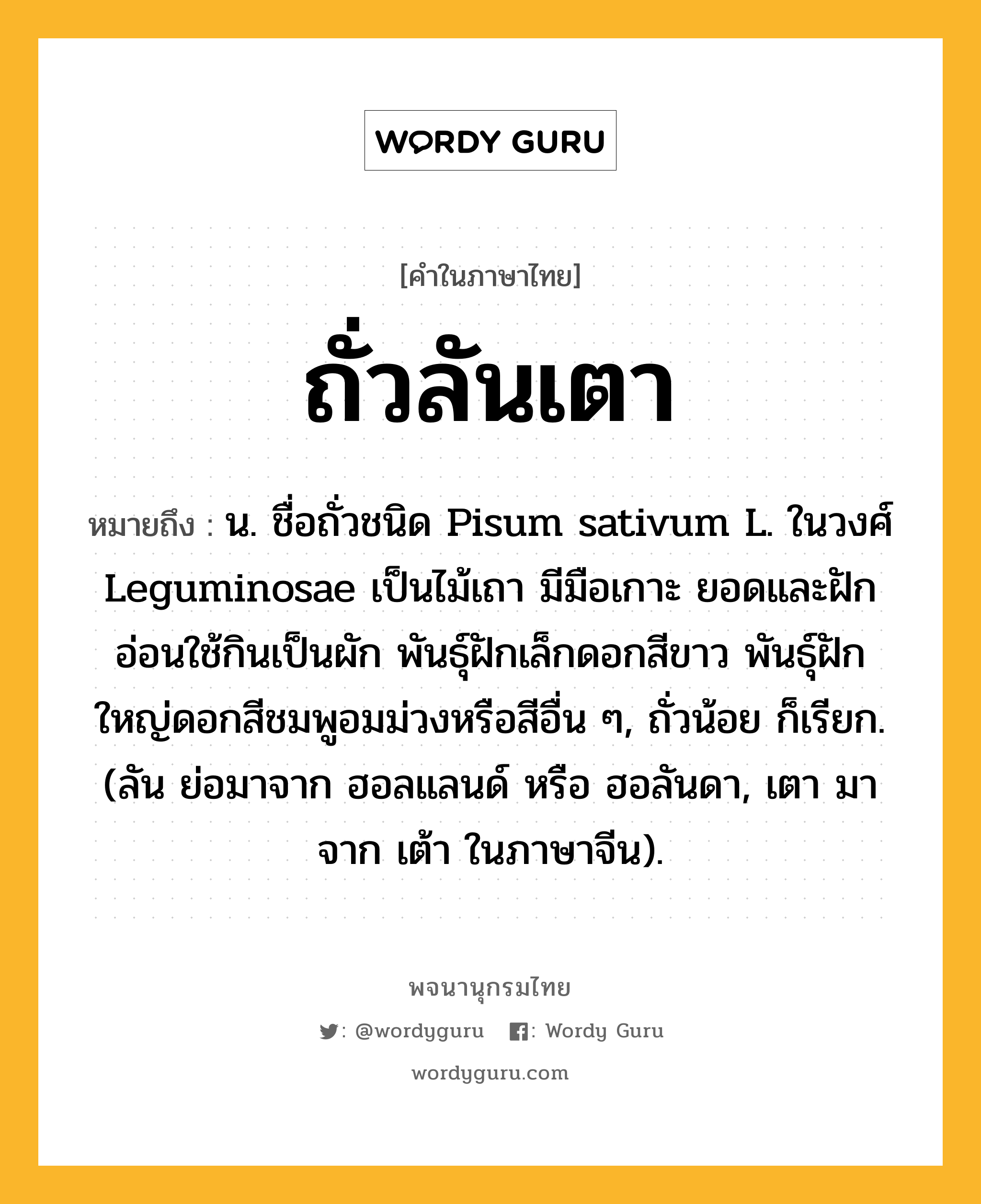 ถั่วลันเตา ความหมาย หมายถึงอะไร?, คำในภาษาไทย ถั่วลันเตา หมายถึง น. ชื่อถั่วชนิด Pisum sativum L. ในวงศ์ Leguminosae เป็นไม้เถา มีมือเกาะ ยอดและฝักอ่อนใช้กินเป็นผัก พันธุ์ฝักเล็กดอกสีขาว พันธุ์ฝักใหญ่ดอกสีชมพูอมม่วงหรือสีอื่น ๆ, ถั่วน้อย ก็เรียก. (ลัน ย่อมาจาก ฮอลแลนด์ หรือ ฮอลันดา, เตา มาจาก เต้า ในภาษาจีน).