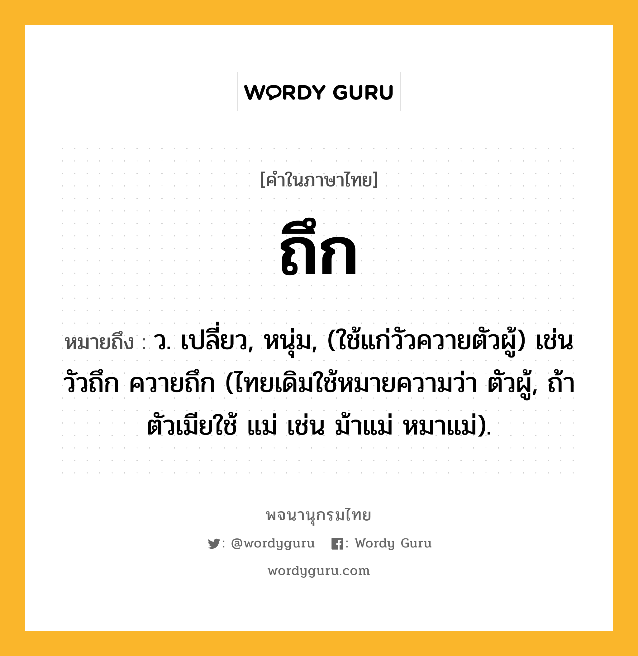 ถึก ความหมาย หมายถึงอะไร?, คำในภาษาไทย ถึก หมายถึง ว. เปลี่ยว, หนุ่ม, (ใช้แก่วัวควายตัวผู้) เช่น วัวถึก ควายถึก (ไทยเดิมใช้หมายความว่า ตัวผู้, ถ้าตัวเมียใช้ แม่ เช่น ม้าแม่ หมาแม่).