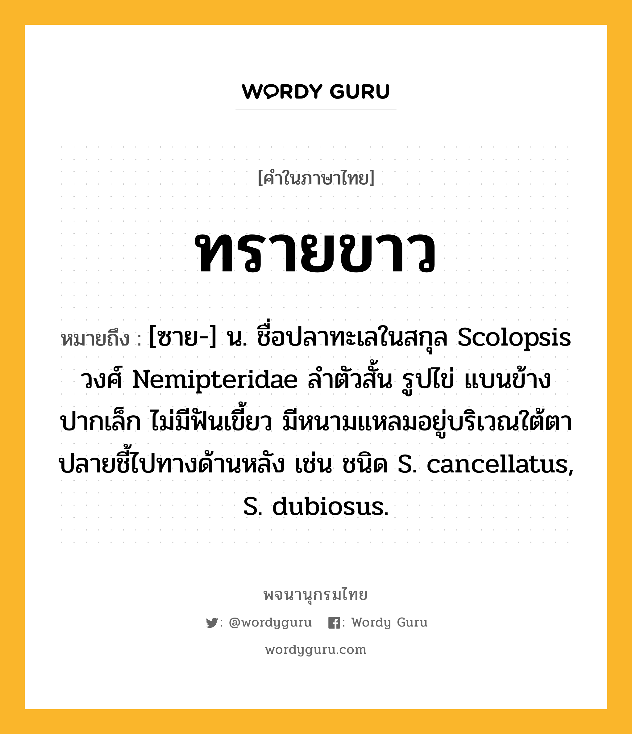 ทรายขาว ความหมาย หมายถึงอะไร?, คำในภาษาไทย ทรายขาว หมายถึง [ซาย-] น. ชื่อปลาทะเลในสกุล Scolopsis วงศ์ Nemipteridae ลำตัวสั้น รูปไข่ แบนข้าง ปากเล็ก ไม่มีฟันเขี้ยว มีหนามแหลมอยู่บริเวณใต้ตา ปลายชี้ไปทางด้านหลัง เช่น ชนิด S. cancellatus, S. dubiosus.