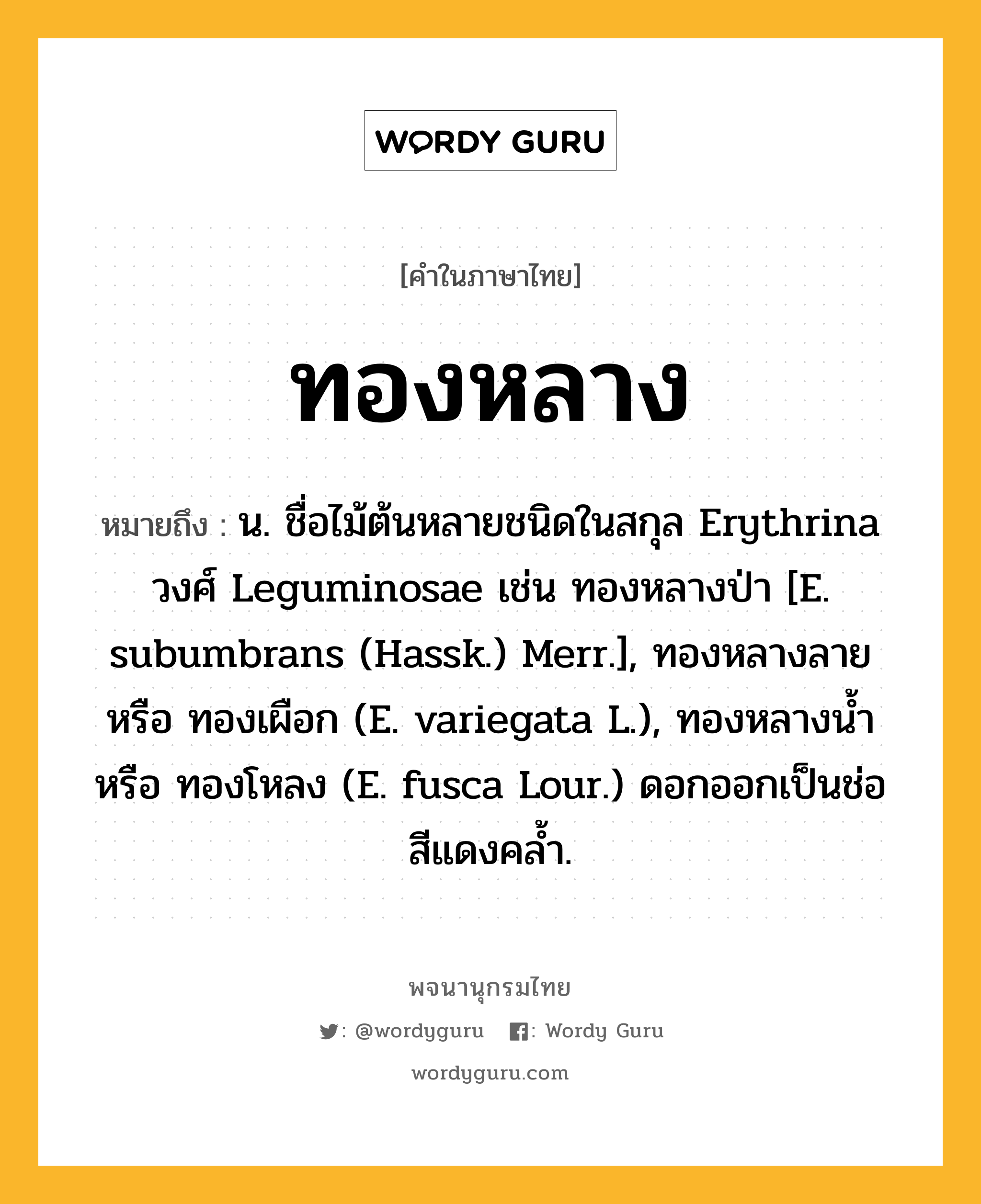 ทองหลาง ความหมาย หมายถึงอะไร?, คำในภาษาไทย ทองหลาง หมายถึง น. ชื่อไม้ต้นหลายชนิดในสกุล Erythrina วงศ์ Leguminosae เช่น ทองหลางป่า [E. subumbrans (Hassk.) Merr.], ทองหลางลาย หรือ ทองเผือก (E. variegata L.), ทองหลางนํ้า หรือ ทองโหลง (E. fusca Lour.) ดอกออกเป็นช่อสีแดงคล้ำ.