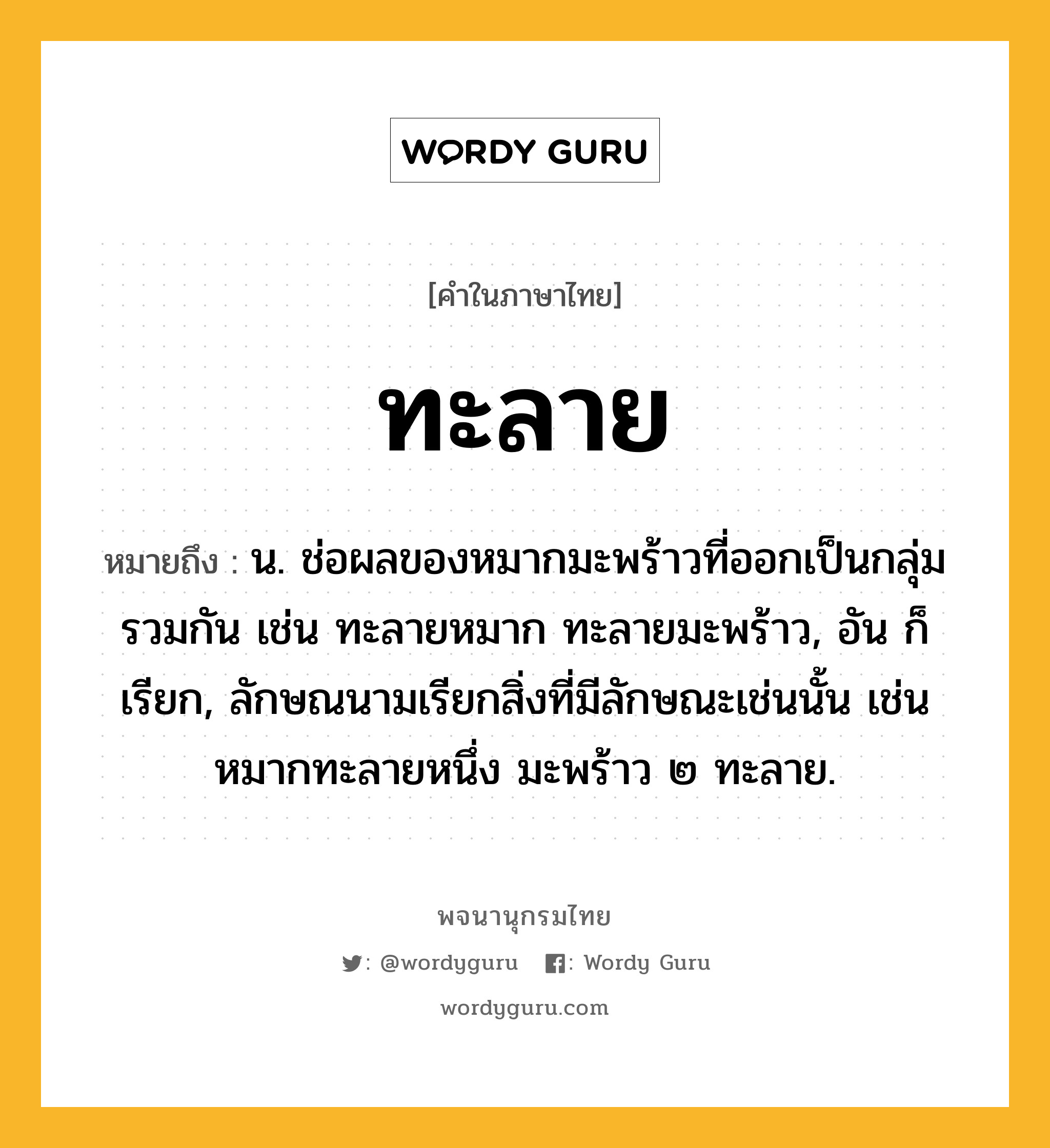 ทะลาย ความหมาย หมายถึงอะไร?, คำในภาษาไทย ทะลาย หมายถึง น. ช่อผลของหมากมะพร้าวที่ออกเป็นกลุ่มรวมกัน เช่น ทะลายหมาก ทะลายมะพร้าว, อัน ก็เรียก, ลักษณนามเรียกสิ่งที่มีลักษณะเช่นนั้น เช่น หมากทะลายหนึ่ง มะพร้าว ๒ ทะลาย.