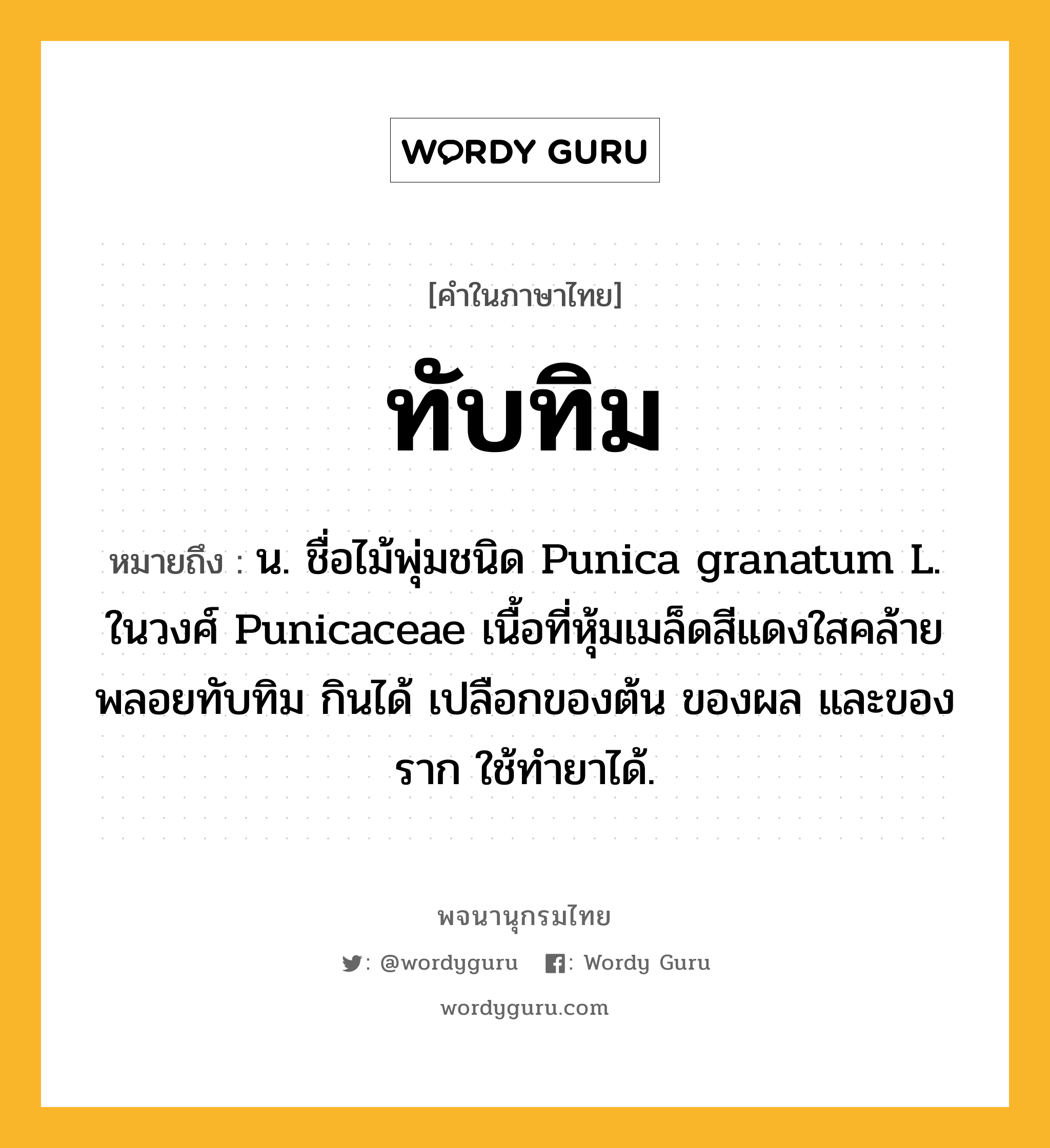 ทับทิม ความหมาย หมายถึงอะไร?, คำในภาษาไทย ทับทิม หมายถึง น. ชื่อไม้พุ่มชนิด Punica granatum L. ในวงศ์ Punicaceae เนื้อที่หุ้มเมล็ดสีแดงใสคล้ายพลอยทับทิม กินได้ เปลือกของต้น ของผล และของราก ใช้ทํายาได้.