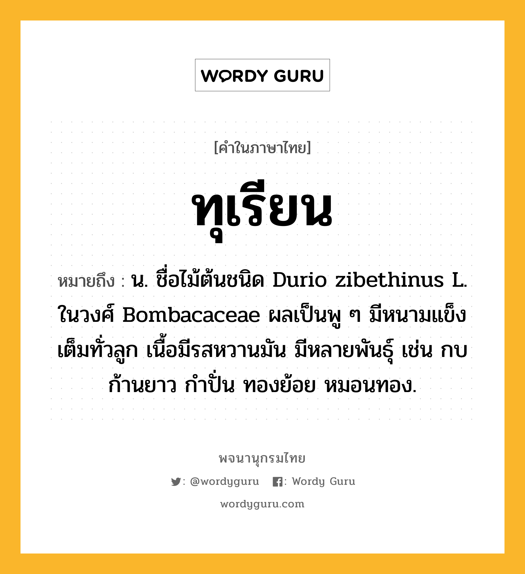 ทุเรียน ความหมาย หมายถึงอะไร?, คำในภาษาไทย ทุเรียน หมายถึง น. ชื่อไม้ต้นชนิด Durio zibethinus L. ในวงศ์ Bombacaceae ผลเป็นพู ๆ มีหนามแข็งเต็มทั่วลูก เนื้อมีรสหวานมัน มีหลายพันธุ์ เช่น กบ ก้านยาว กําปั่น ทองย้อย หมอนทอง.