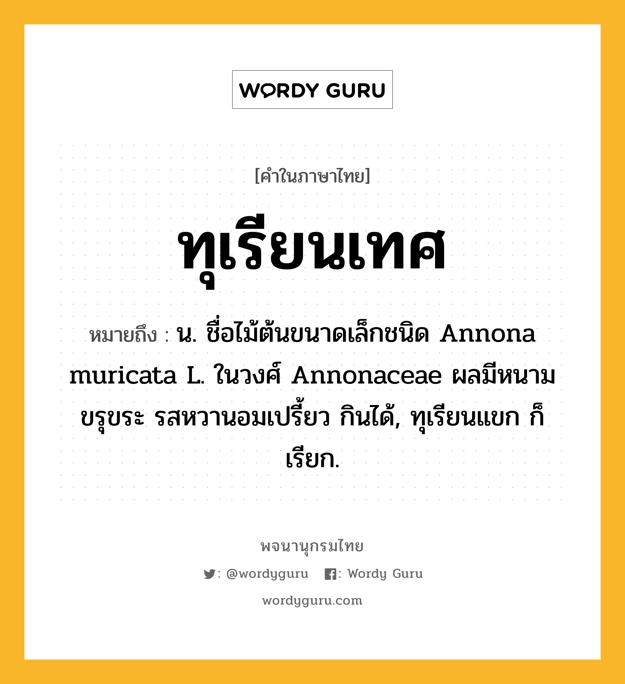 ทุเรียนเทศ ความหมาย หมายถึงอะไร?, คำในภาษาไทย ทุเรียนเทศ หมายถึง น. ชื่อไม้ต้นขนาดเล็กชนิด Annona muricata L. ในวงศ์ Annonaceae ผลมีหนามขรุขระ รสหวานอมเปรี้ยว กินได้, ทุเรียนแขก ก็เรียก.