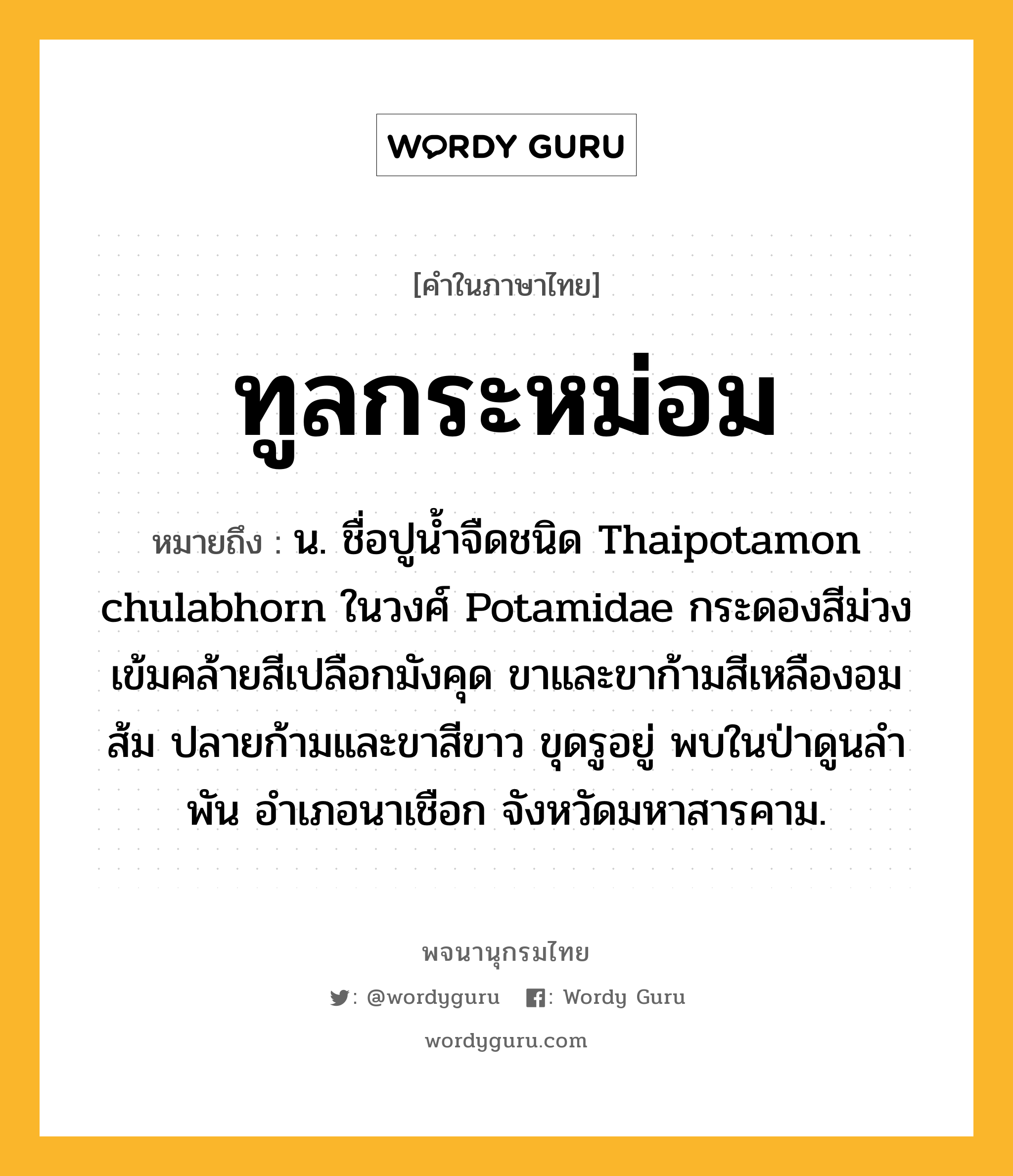 ทูลกระหม่อม ความหมาย หมายถึงอะไร?, คำในภาษาไทย ทูลกระหม่อม หมายถึง น. ชื่อปูน้ำจืดชนิด Thaipotamon chulabhorn ในวงศ์ Potamidae กระดองสีม่วงเข้มคล้ายสีเปลือกมังคุด ขาและขาก้ามสีเหลืองอมส้ม ปลายก้ามและขาสีขาว ขุดรูอยู่ พบในป่าดูนลำพัน อำเภอนาเชือก จังหวัดมหาสารคาม.