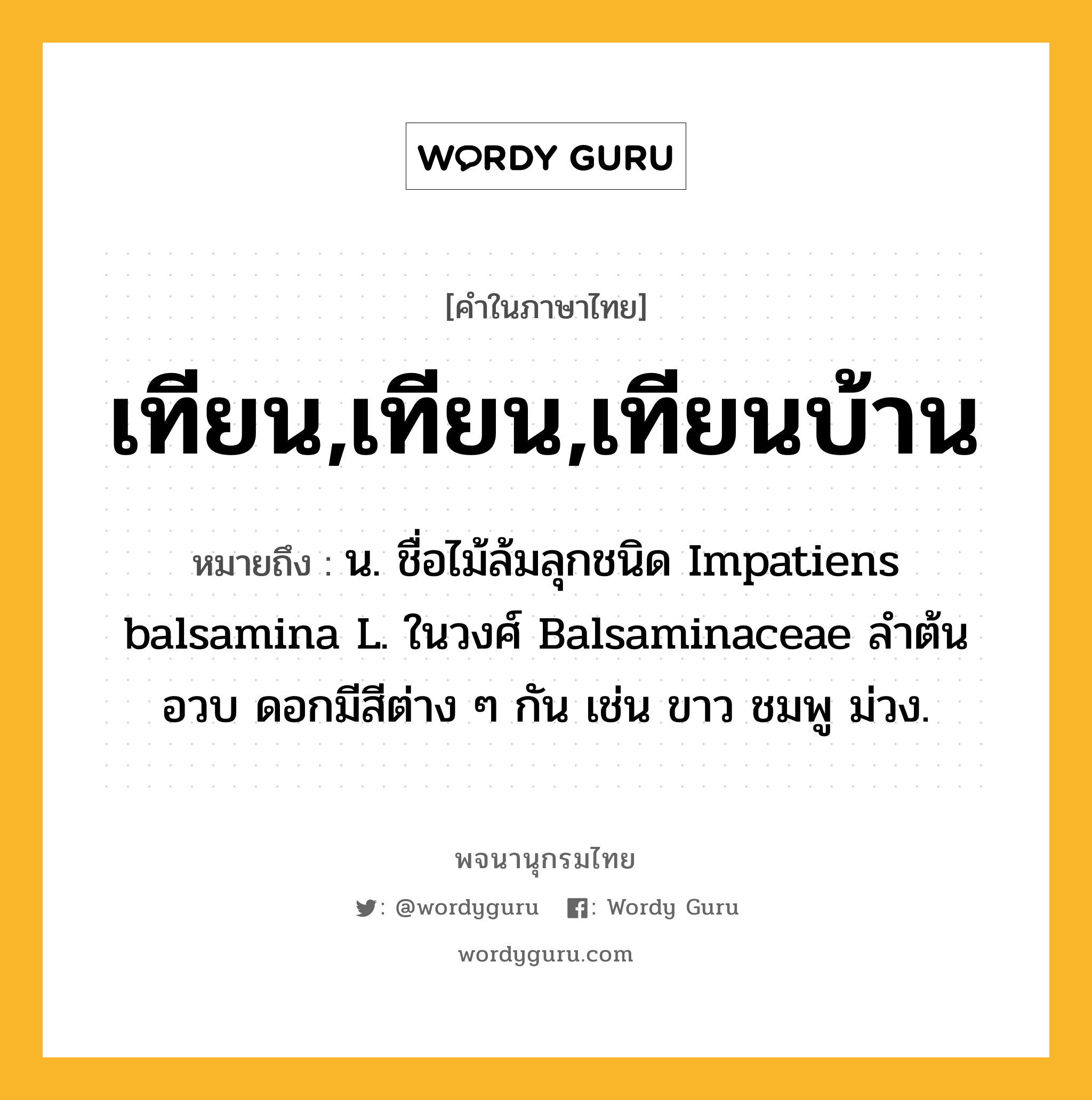 เทียน,เทียน,เทียนบ้าน ความหมาย หมายถึงอะไร?, คำในภาษาไทย เทียน,เทียน,เทียนบ้าน หมายถึง น. ชื่อไม้ล้มลุกชนิด Impatiens balsamina L. ในวงศ์ Balsaminaceae ลําต้นอวบ ดอกมีสีต่าง ๆ กัน เช่น ขาว ชมพู ม่วง.